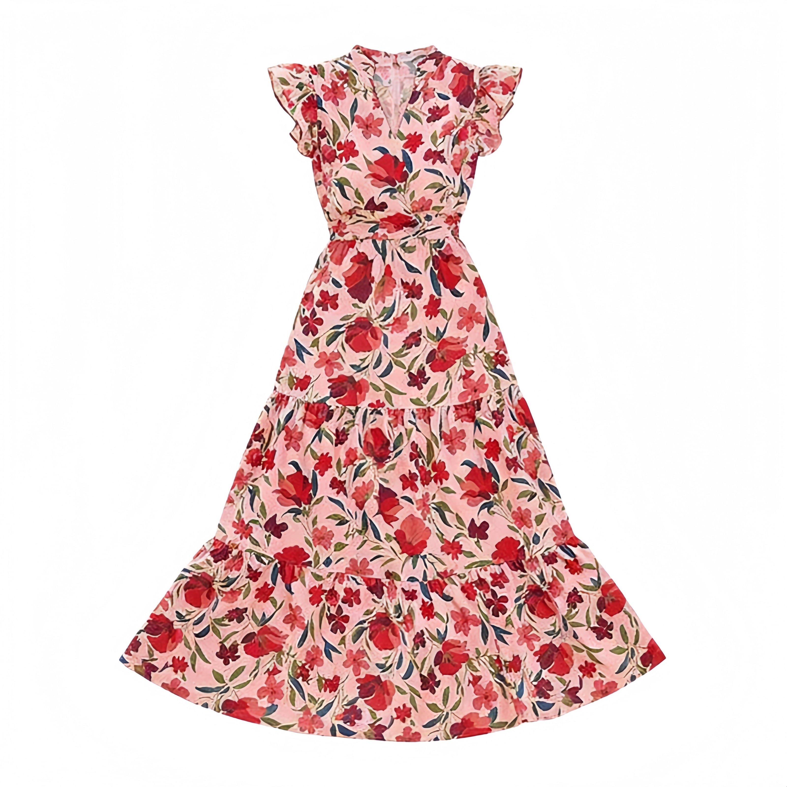 PRETTYGARDEN Women's Summer Floral Midi Dress Cap Sleeve V Neck Ruffle Long Flowy Boho Casual Beach Vacation Dresses