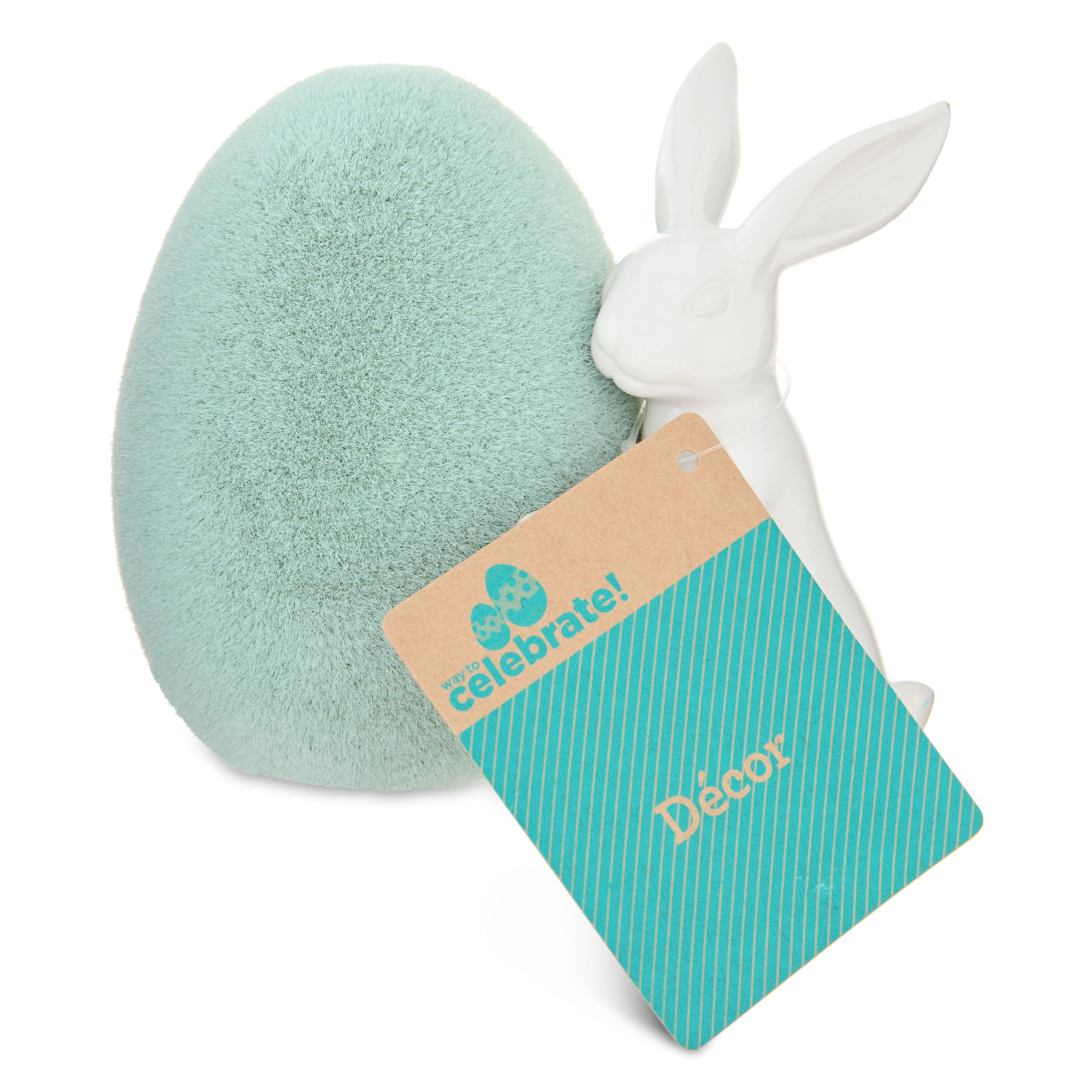 Bunny with Flocked Egg Tabletop Decoration, Green and White, 4", Easter by Way To Celebrate