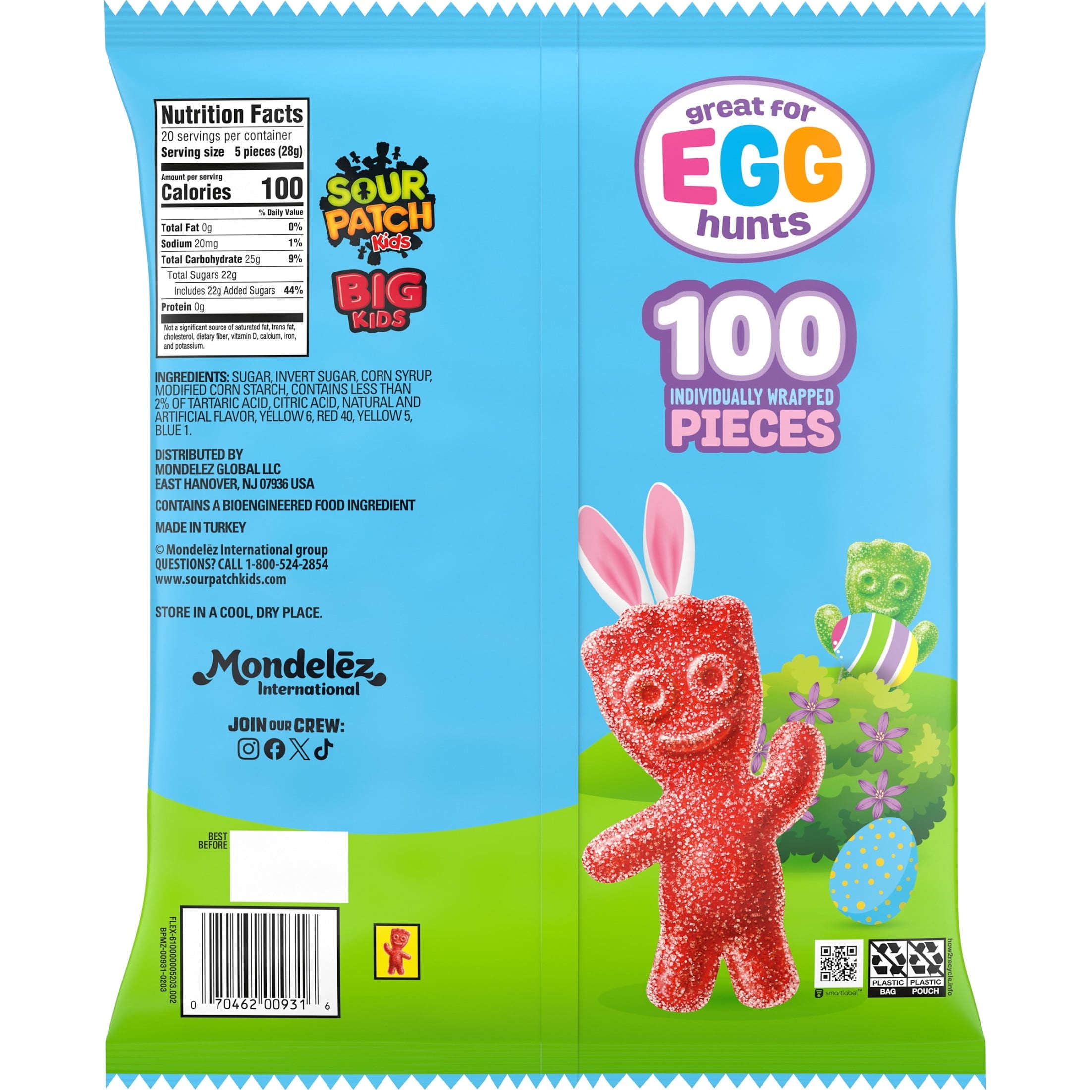 SOUR PATCH KIDS Big Kids Individually Wrapped Soft & Chewy Candy, Easter Candy, 100 Pieces