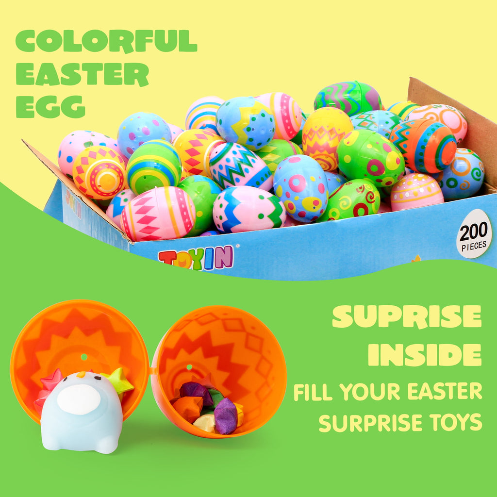 Joyfy 200 Pcs Plastic Easter Eggs Bulk, 2.3" Printed Bright Easter Eggs, Empty Fillable for Easter Hunt, Basket Stuffers Fillers, Party Favors and Decoration, Easter Goodie Bags for Kids
