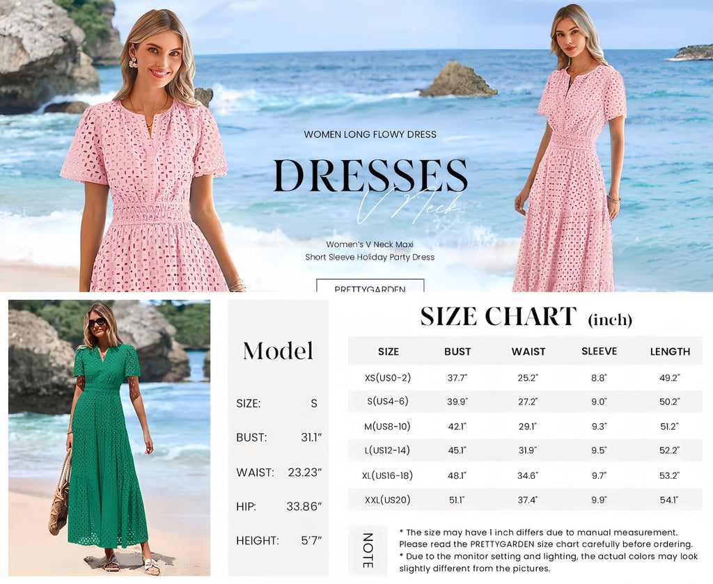 PRETTYGARDEN Womens Summer Maxi Dress Short Sleeve V Neck Hollow Out Eyelet A Line Long Flowy Beach Vacation Dresses