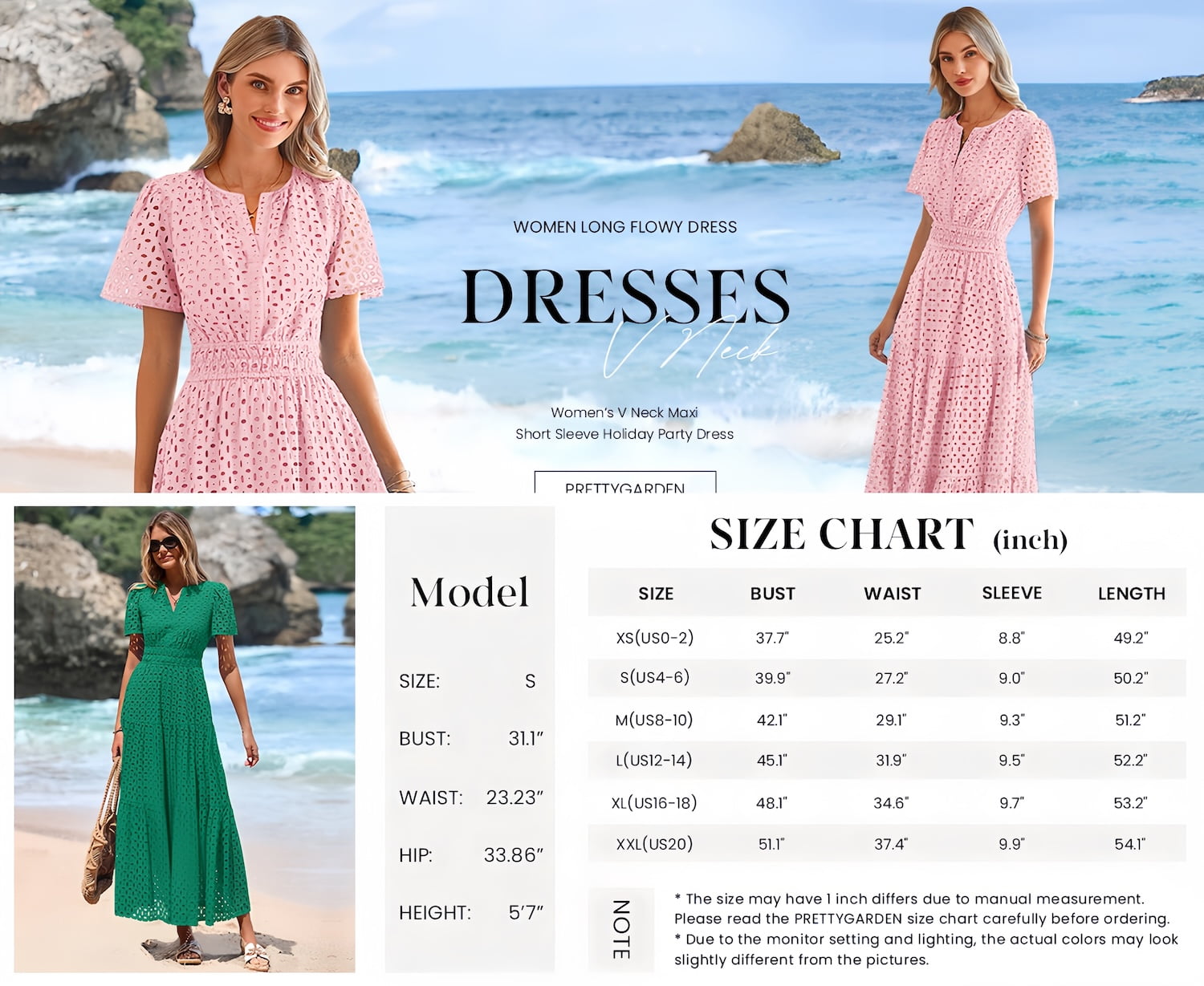 PRETTYGARDEN Womens Summer Maxi Dress Short Sleeve V Neck Hollow Out Eyelet A Line Long Flowy Beach Vacation Dresses