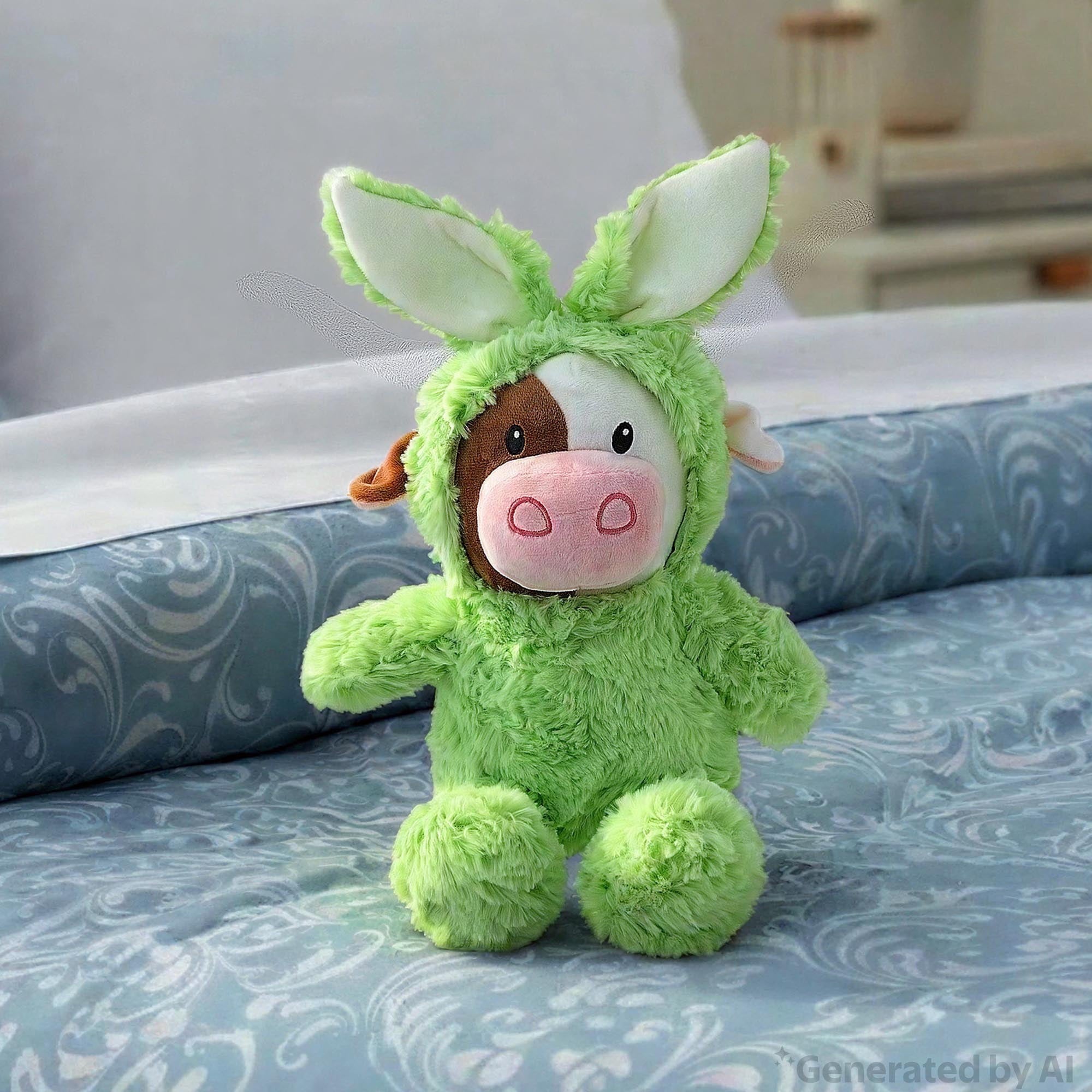 Longhorn Cow Plush in Bunny Hoodie, Green, 17", Easter by Way To Celebrate