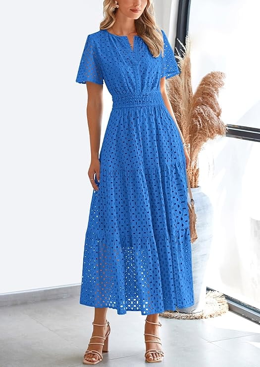 PRETTYGARDEN Womens Summer Maxi Dress Short Sleeve V Neck Hollow Out Eyelet A Line Long Flowy Beach Vacation Dresses