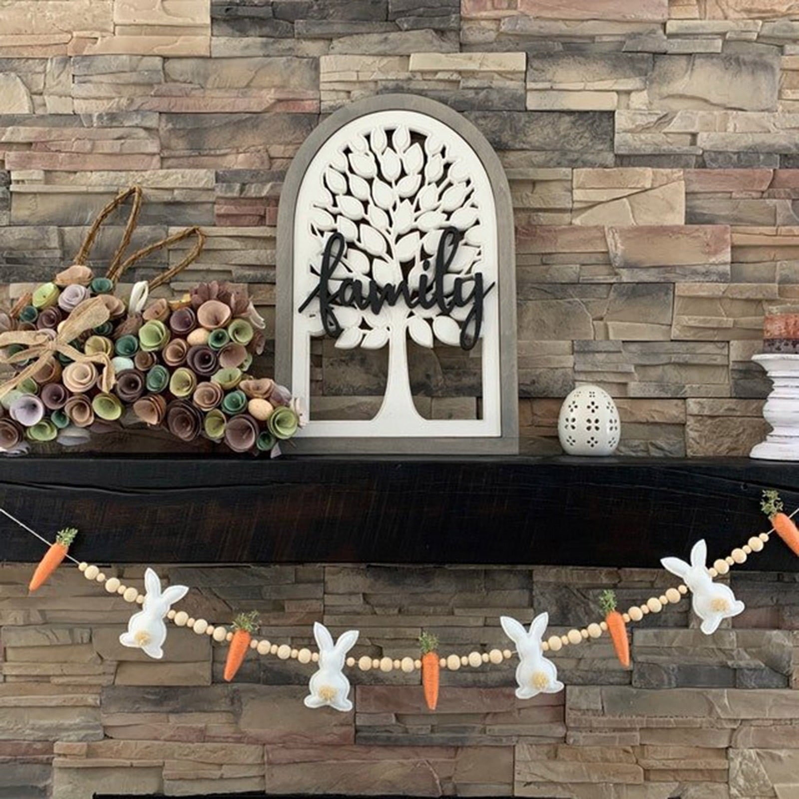 PULMCheerger Easter Bunny Carrot Garland, Wooden Beads Rabbit Easter Banner Decorations, Easter Bunny Carrot Beaded Garland Pendant, Easter Banner Decoration for Farmhouse Home Decor Hanging