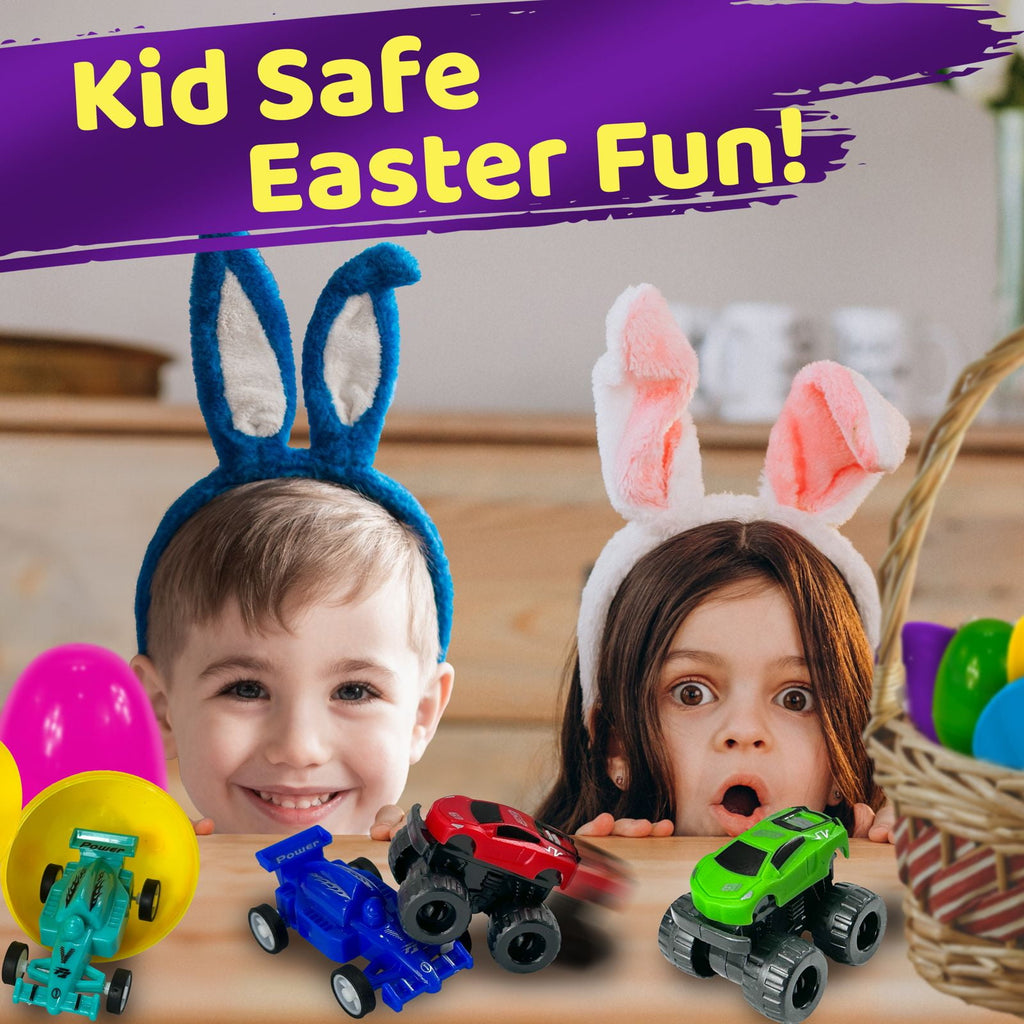 Stargo 8 Pack 3.2" Large Colorful Prefilled Easter Eggs with toys - Racing Cars mini Vehicles pull-back cars, Bright Plastic Easter Eggs Filled Basket Fillers Egg Hunts Party Favors, Boys Goodie Bags