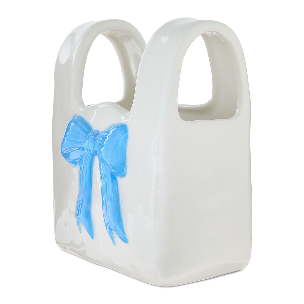Ceramic Bag Vase with Bow, Cream and Blue, 6.5", Valentine's Day by Way To Celebrate