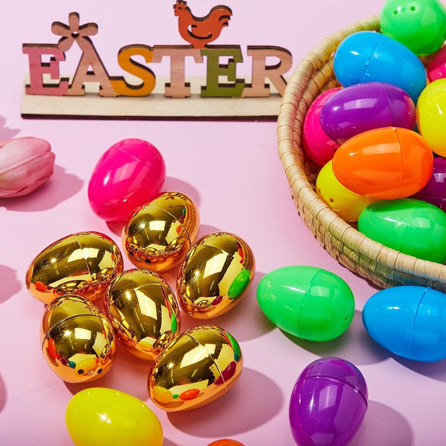 Joyfy 150 Pcs 2.3" Easter Eggs, Fillable Empty Plastic Easter Eggs Bulk with 6 Pcs Gold Eggs for Easter Hunt, Filling Treats, Party Favor, Basket Stuffers, Classroom Prize Supplies, Decoration