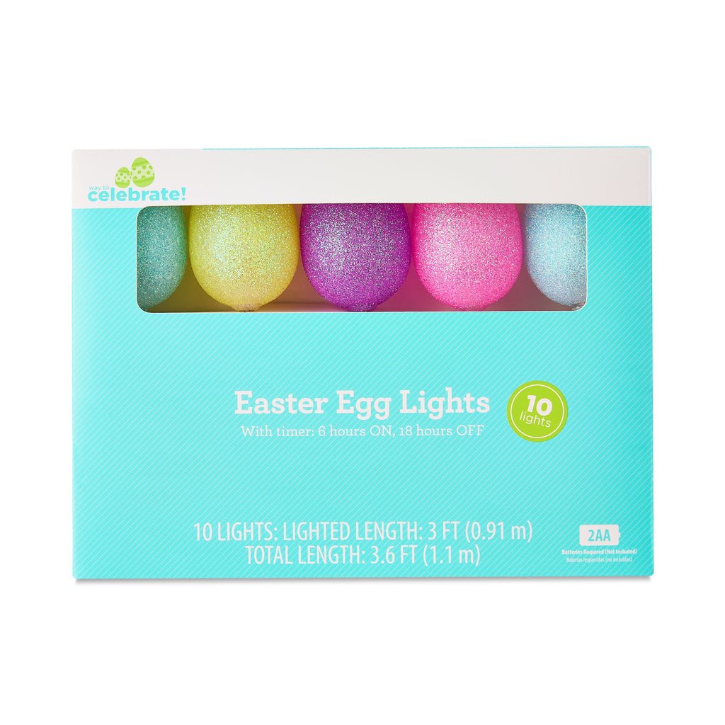 Indoor Battery-Operated 10-Count Glitter Egg Lights, Clear, 3', Easter by Way To Celebrate