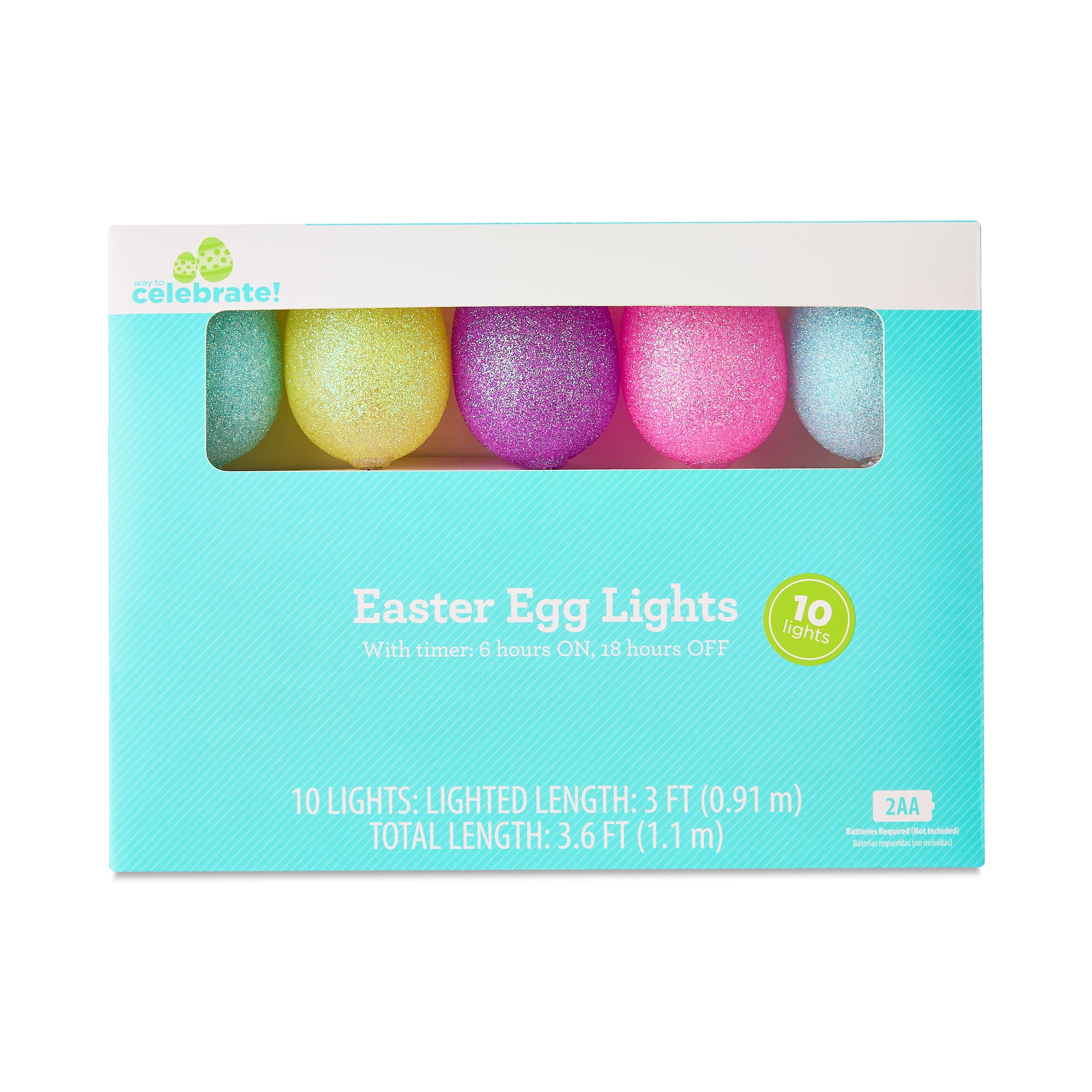 Indoor Battery-Operated 10-Count Glitter Egg Lights, Clear, 3', Easter by Way To Celebrate