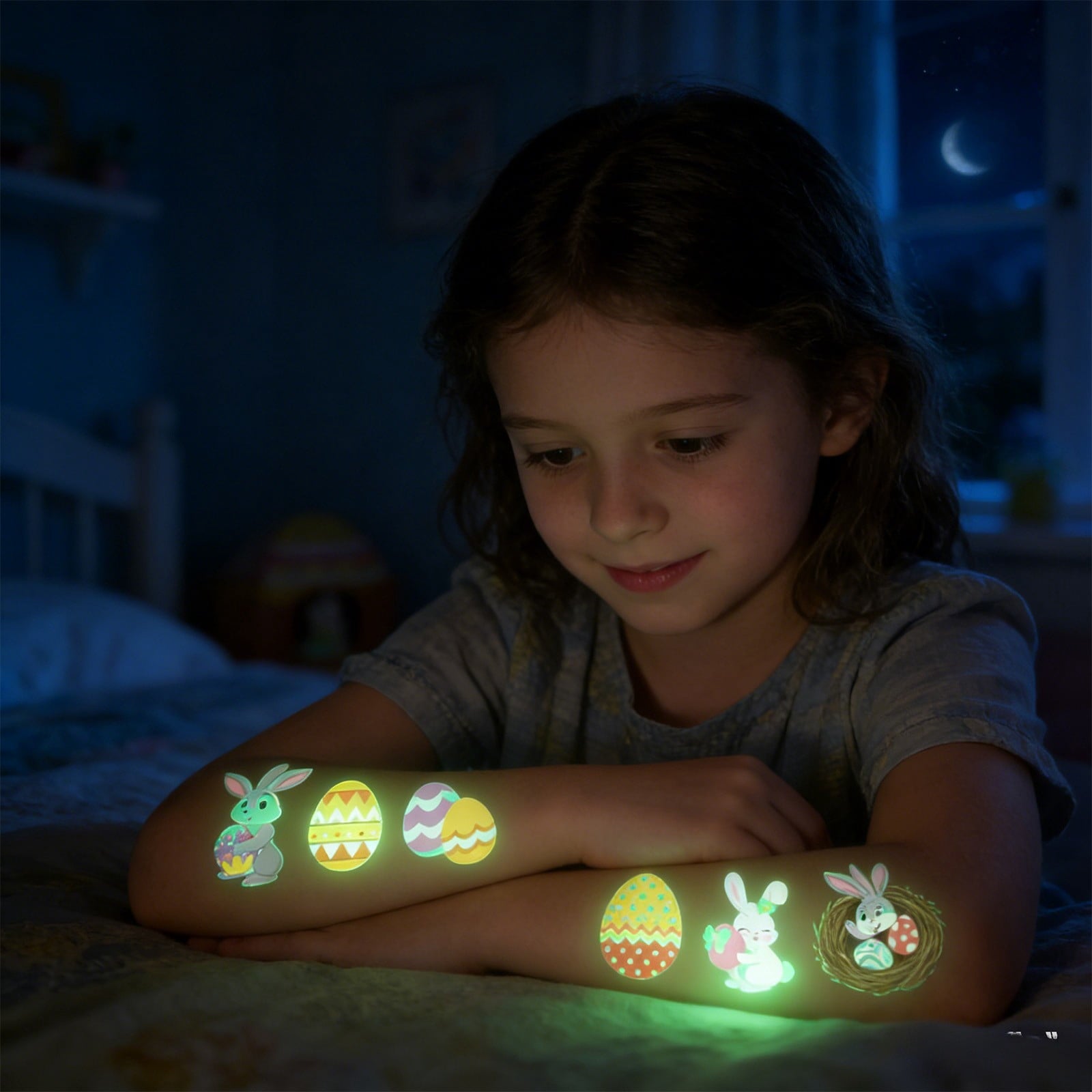 Glow In The Dark Easter Temporary Tattoos For Kids, Bunny Egg Waterproof Sweatproof, Safe Non-Irritating, Easy Apply & Remove, for Easter Egg Hunt Party Favors Basket Fillers Classroom Activities