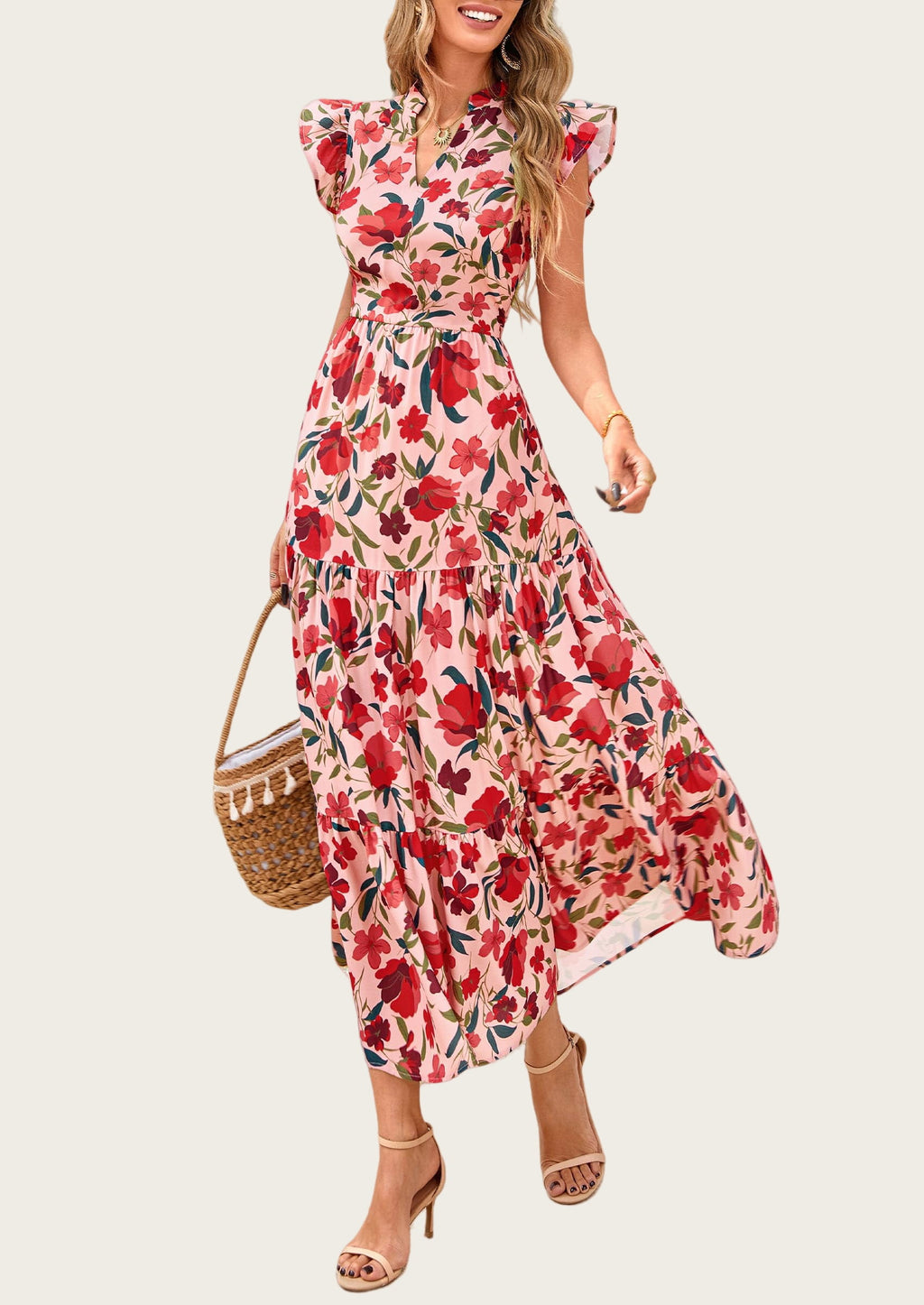 PRETTYGARDEN Women's Summer Floral Midi Dress Cap Sleeve V Neck Ruffle Long Flowy Boho Casual Beach Vacation Dresses