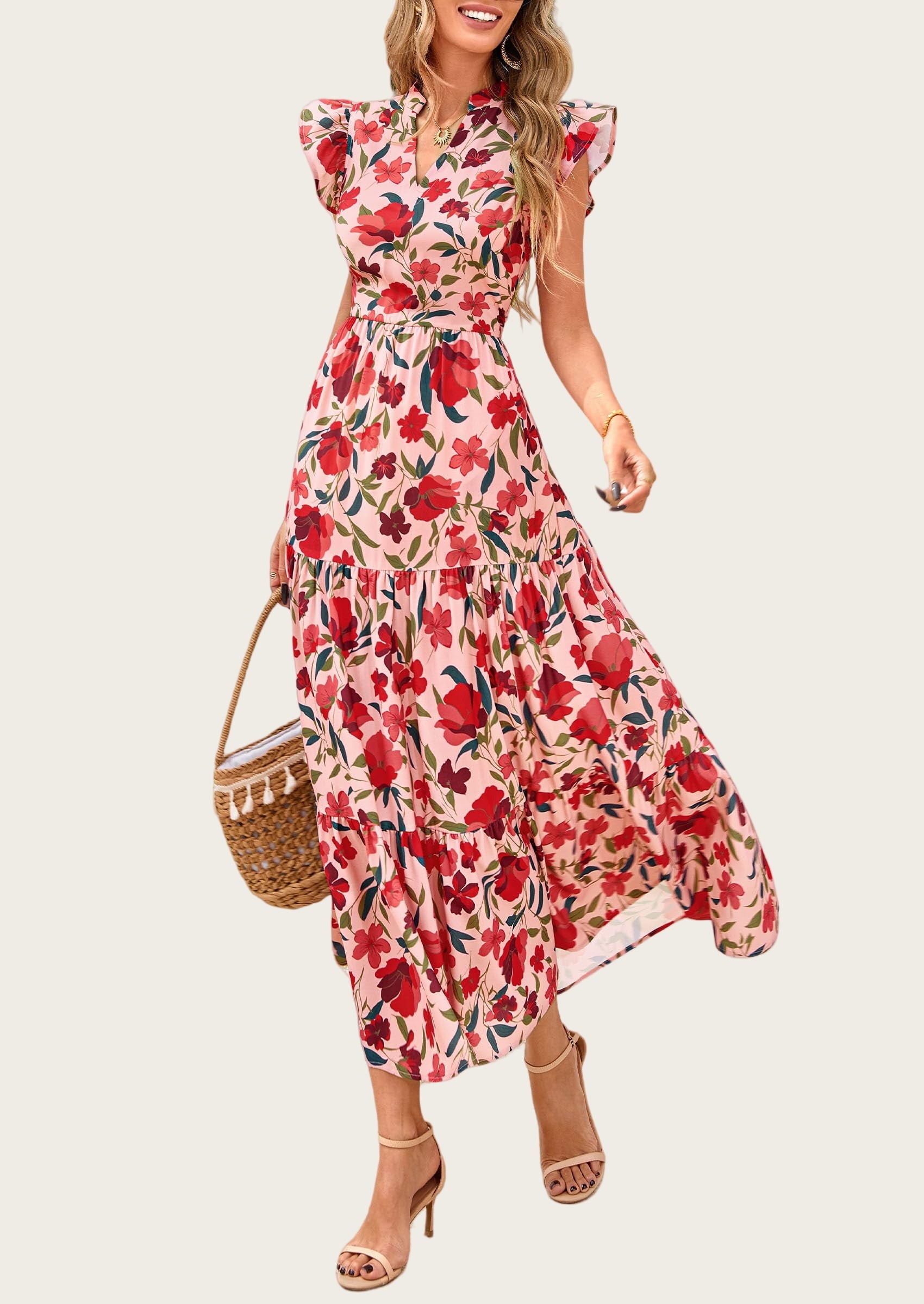 PRETTYGARDEN Women's Summer Floral Midi Dress Cap Sleeve V Neck Ruffle Long Flowy Boho Casual Beach Vacation Dresses