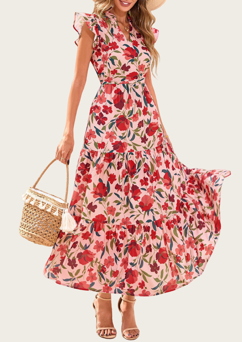 PRETTYGARDEN Women's Summer Floral Midi Dress Cap Sleeve V Neck Ruffle Long Flowy Boho Casual Beach Vacation Dresses