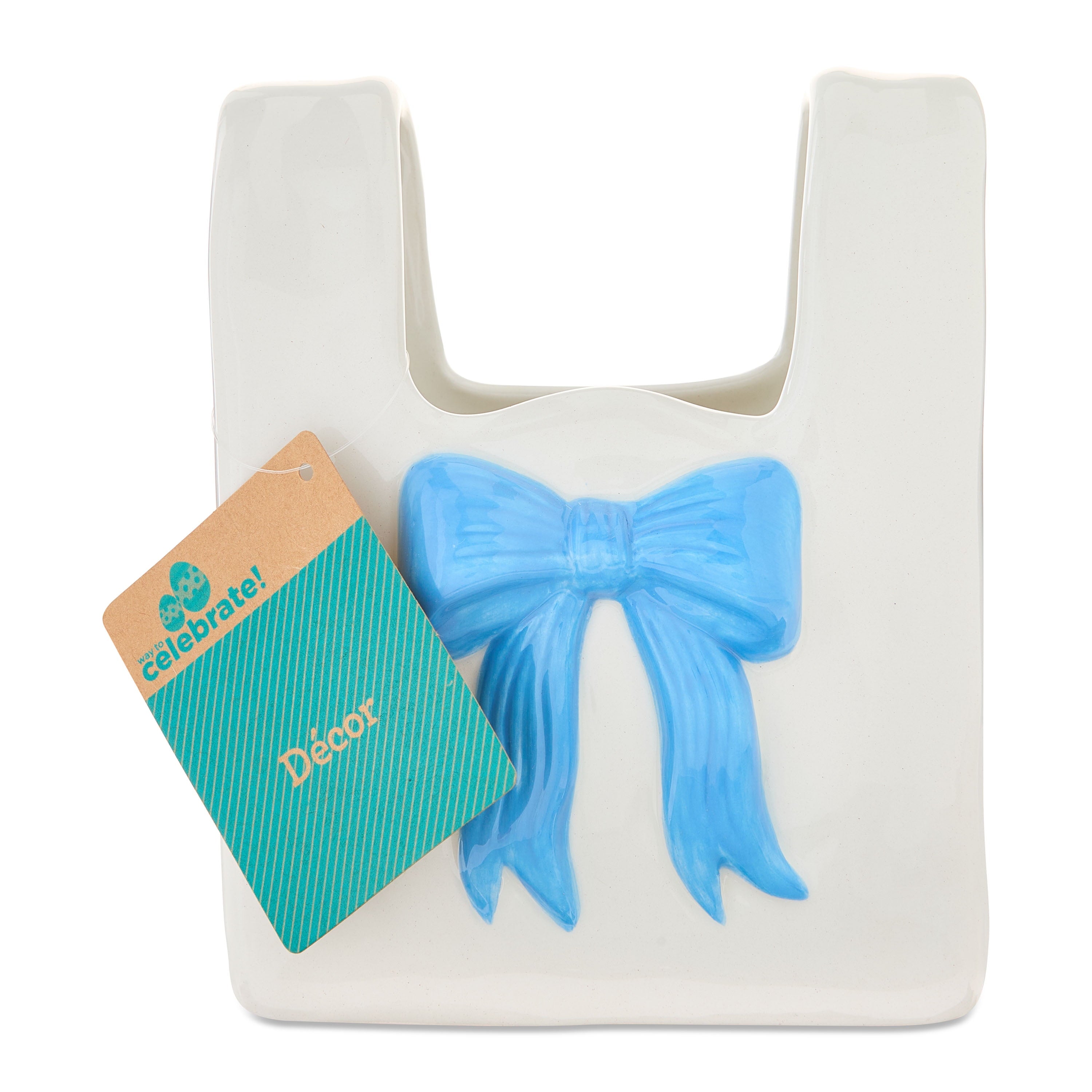Ceramic Bag Vase with Bow, Cream and Blue, 6.5", Valentine's Day by Way To Celebrate