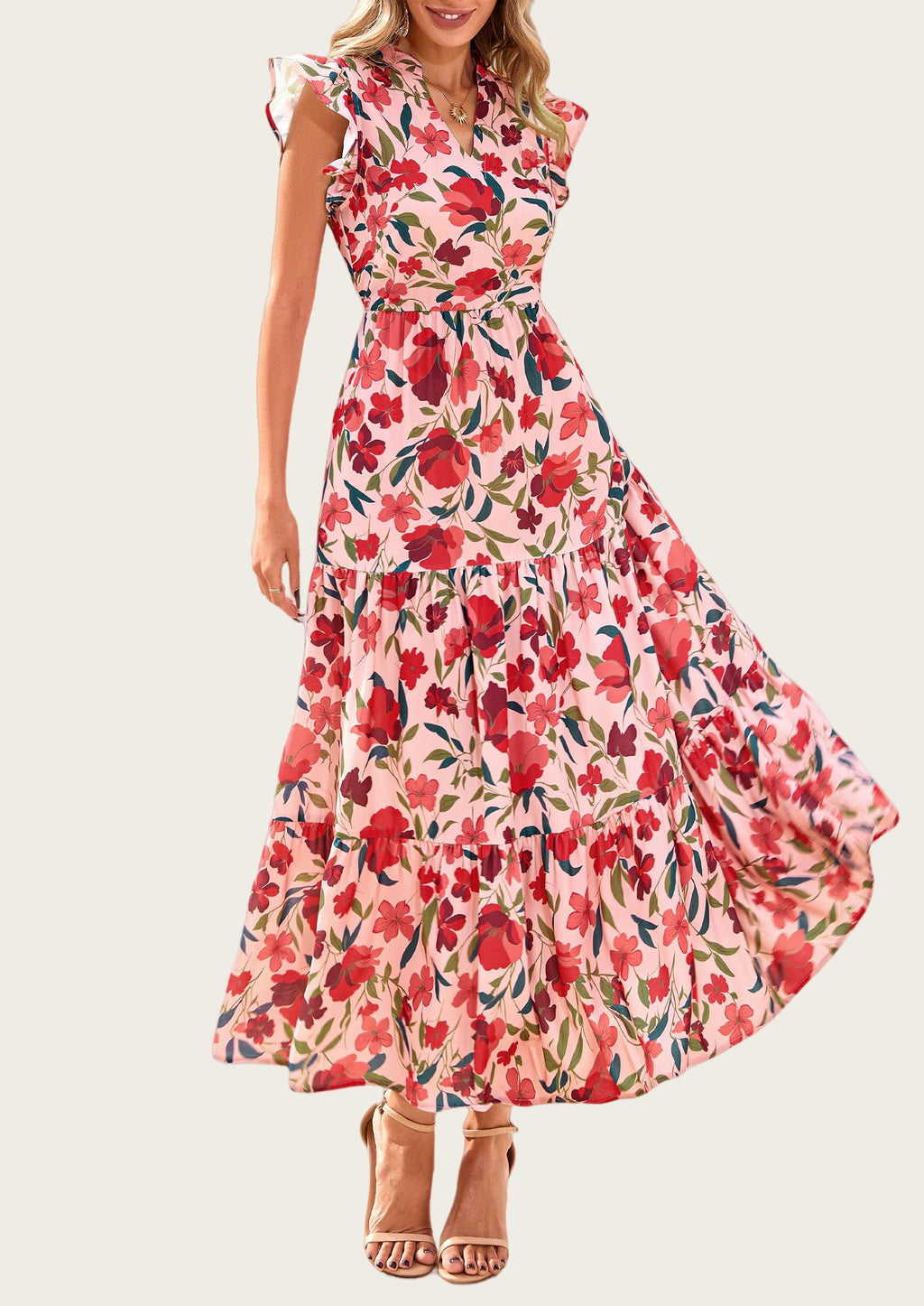 PRETTYGARDEN Women's Summer Floral Midi Dress Cap Sleeve V Neck Ruffle Long Flowy Boho Casual Beach Vacation Dresses