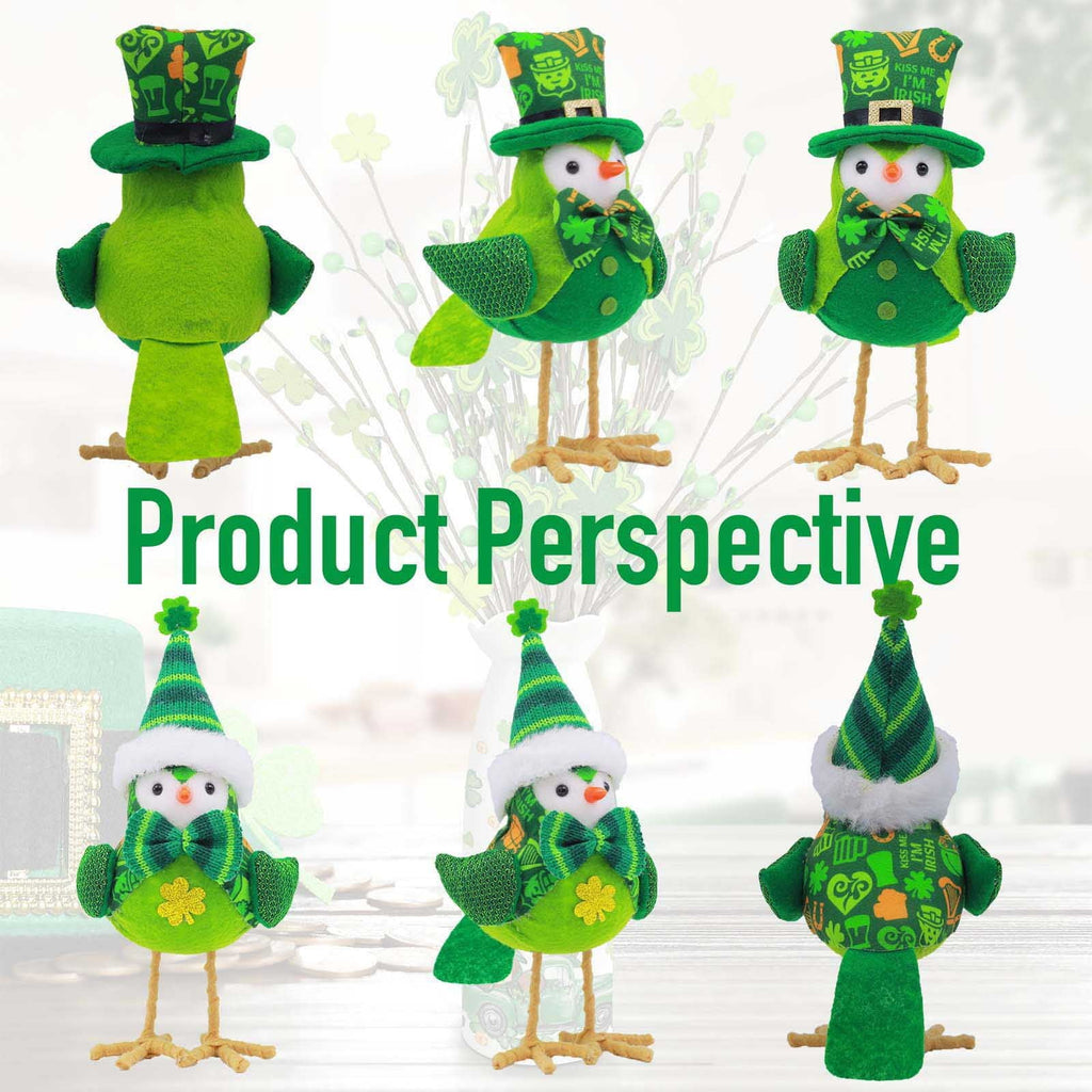 Lksixu St.Patrick's Day Birds Ornaments, 3D Green Shamrock Bird Figurines with Hat and Bow, Handmade Irish Luck Inseparable Birds Doll Spring Table Decor Animals Garden Statue for Window Party