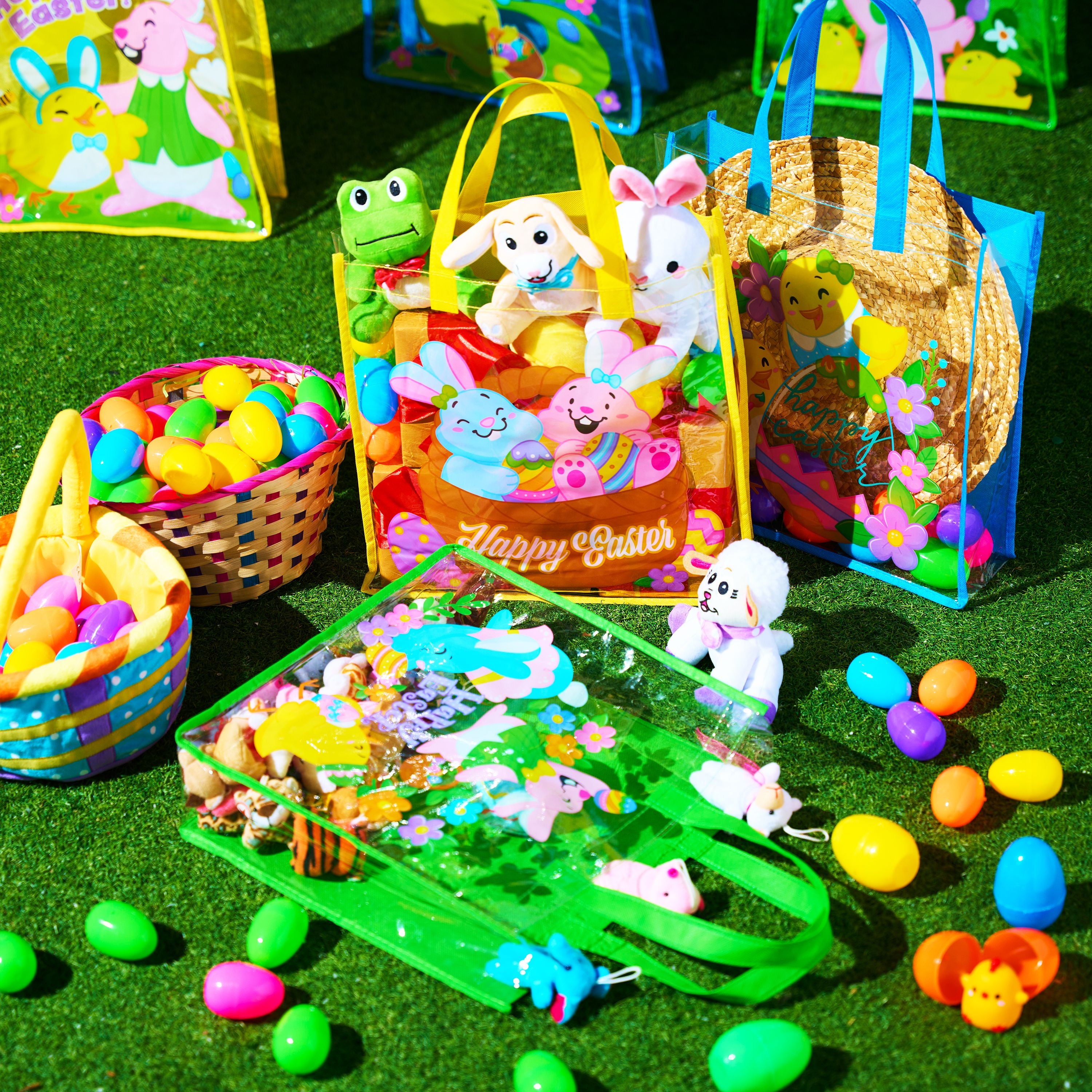 Joyfy 6 Pcs Easter Bags, Easter Gift Bags for Kids, 13" x 13" Large Reusable Goodie Tote Treat Bags with Handles for Easter Egg Hunt, Easter Party Favors Supplies