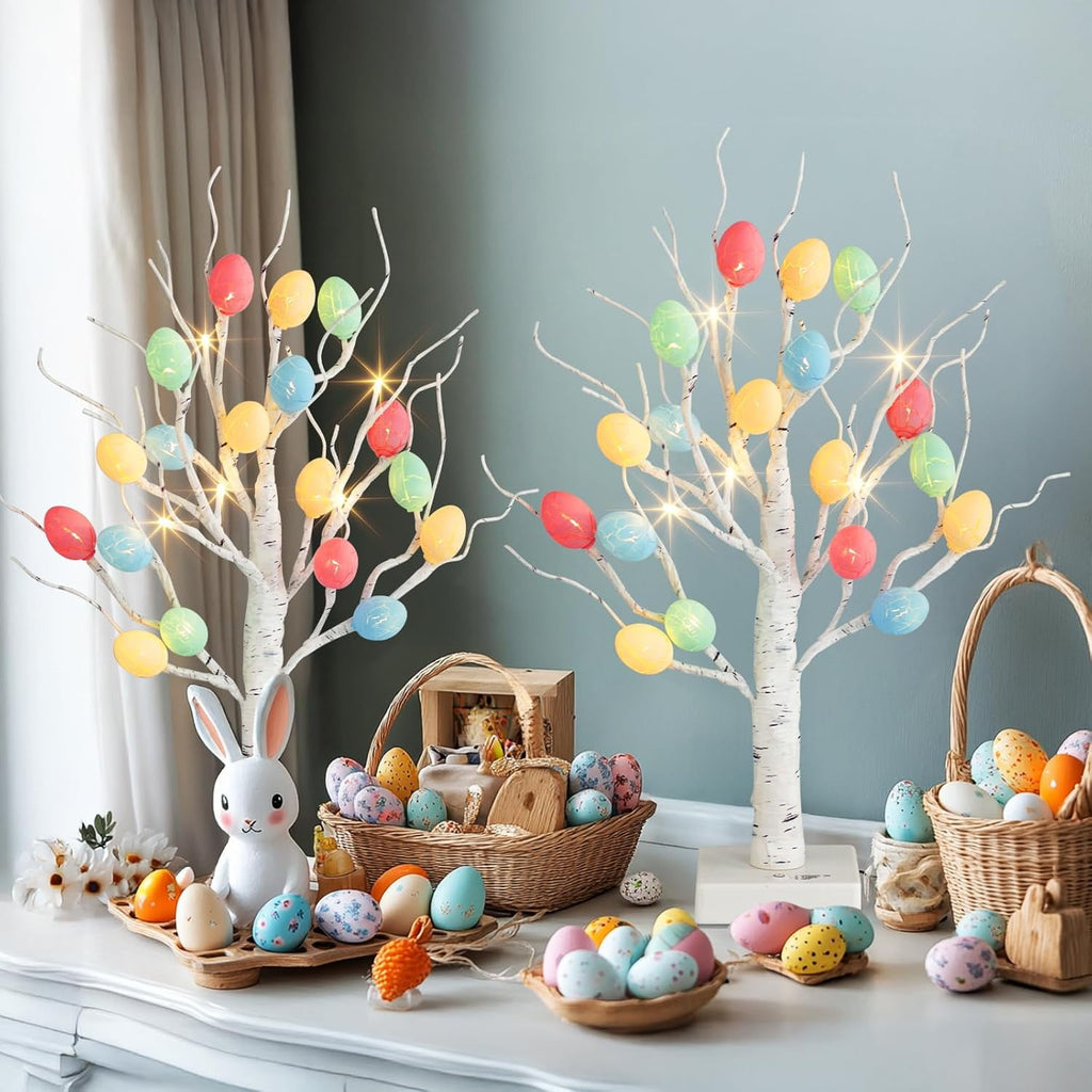 Easter Decorations,  Lighted Easter Egg Tree Tabletop 21-inch Artificial Birch Tree Lights Include 24 Pieces Egg Ornament for Spring Holiday Tabletop Decor
