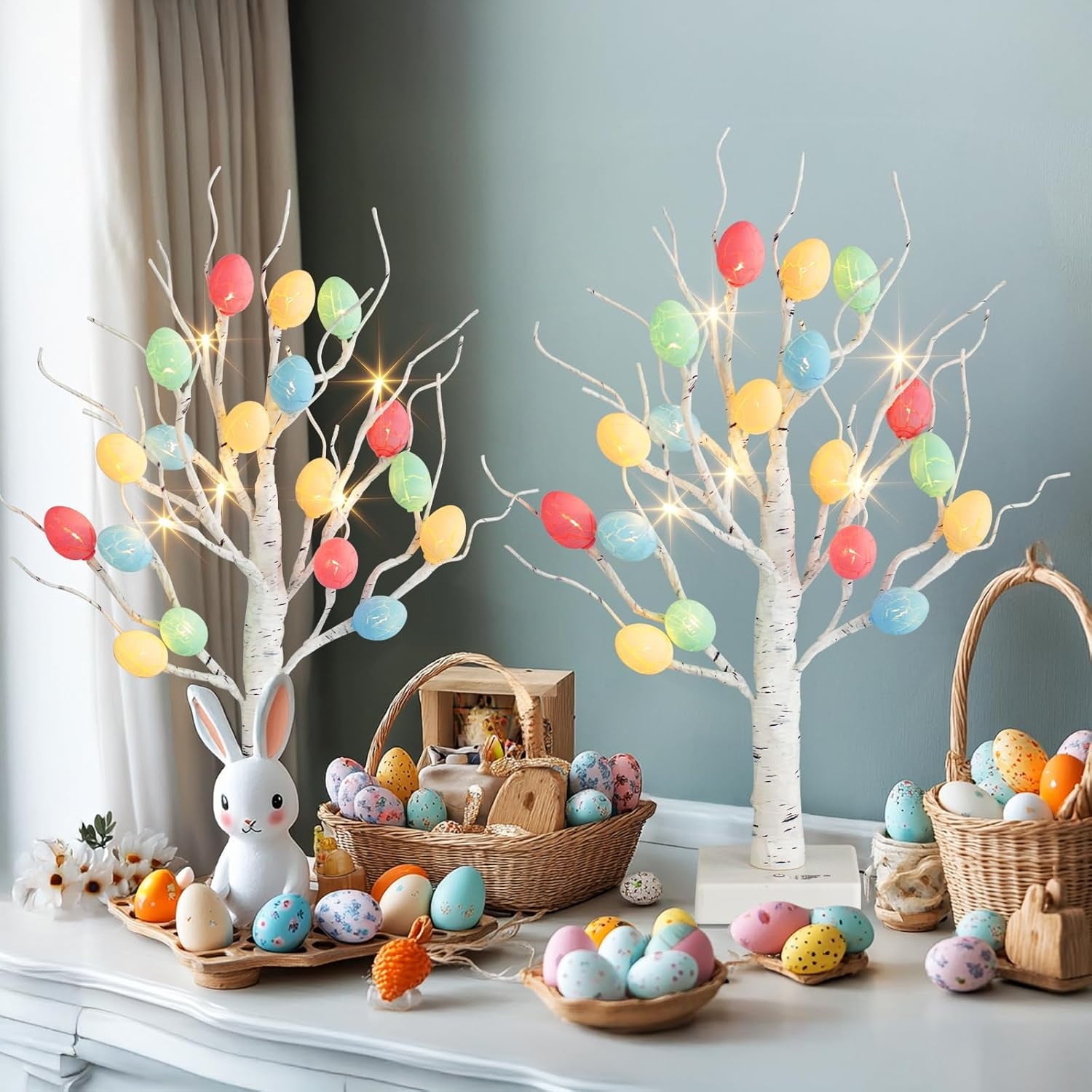 Easter Decorations,  Lighted Easter Egg Tree Tabletop 21-inch Artificial Birch Tree Lights Include 24 Pieces Egg Ornament for Spring Holiday Tabletop Decor