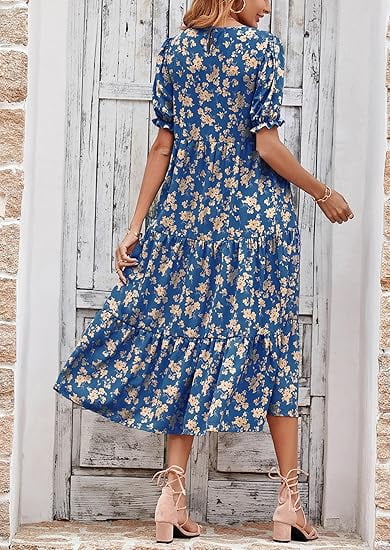 PRETTYGARDEN Women's Summer Casual Boho Dress Floral Print Ruffle Puff Short Sleeve Flowy Midi Beach Party Dresses