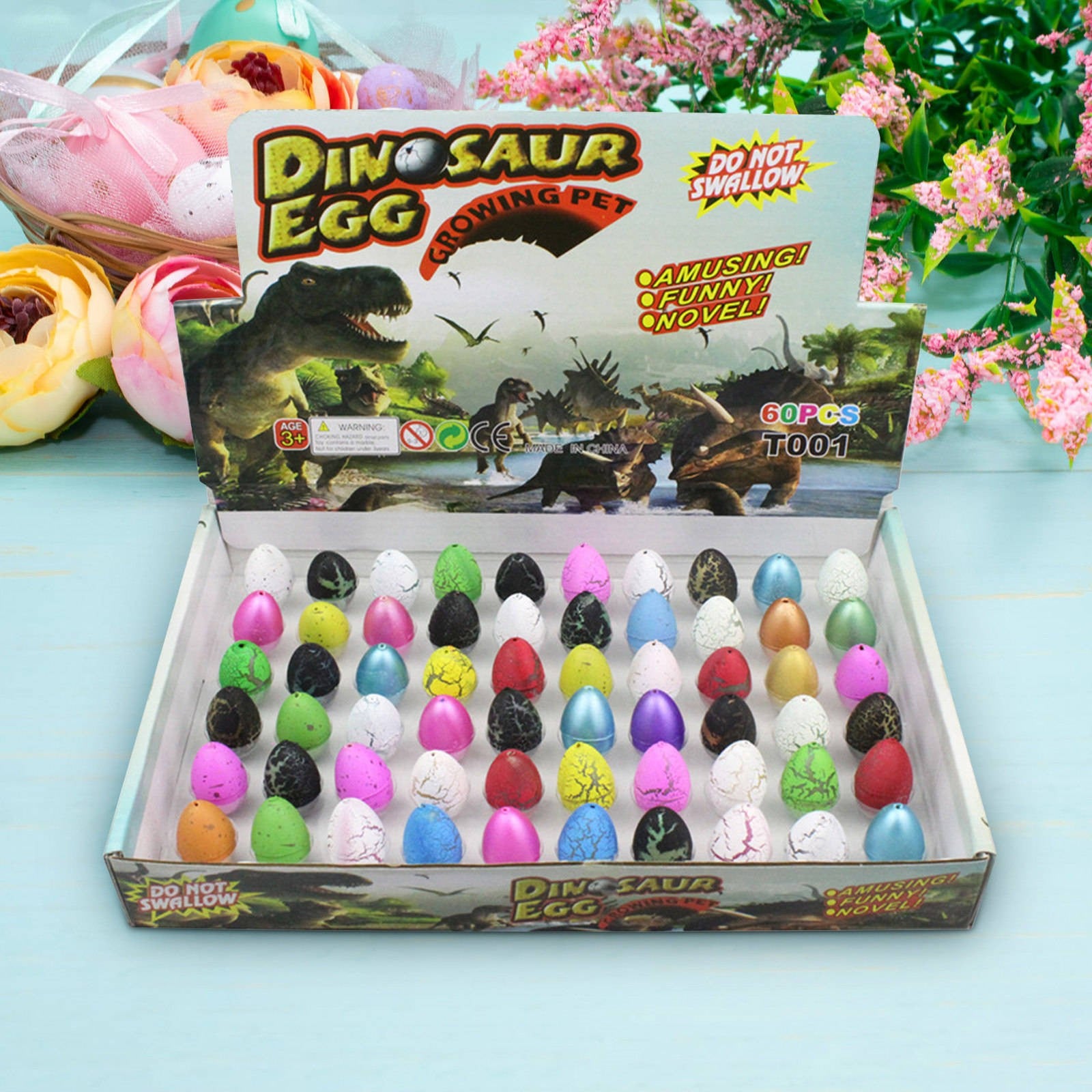 MXTPOV 60pcs Small Hatching Dinosaur Eggs for Party Favors, Easter Basket Stuffers Classroom Carnival Prizes Bulk Pinata Fillers Novelty Grow in Water Dino Eggs with Toys