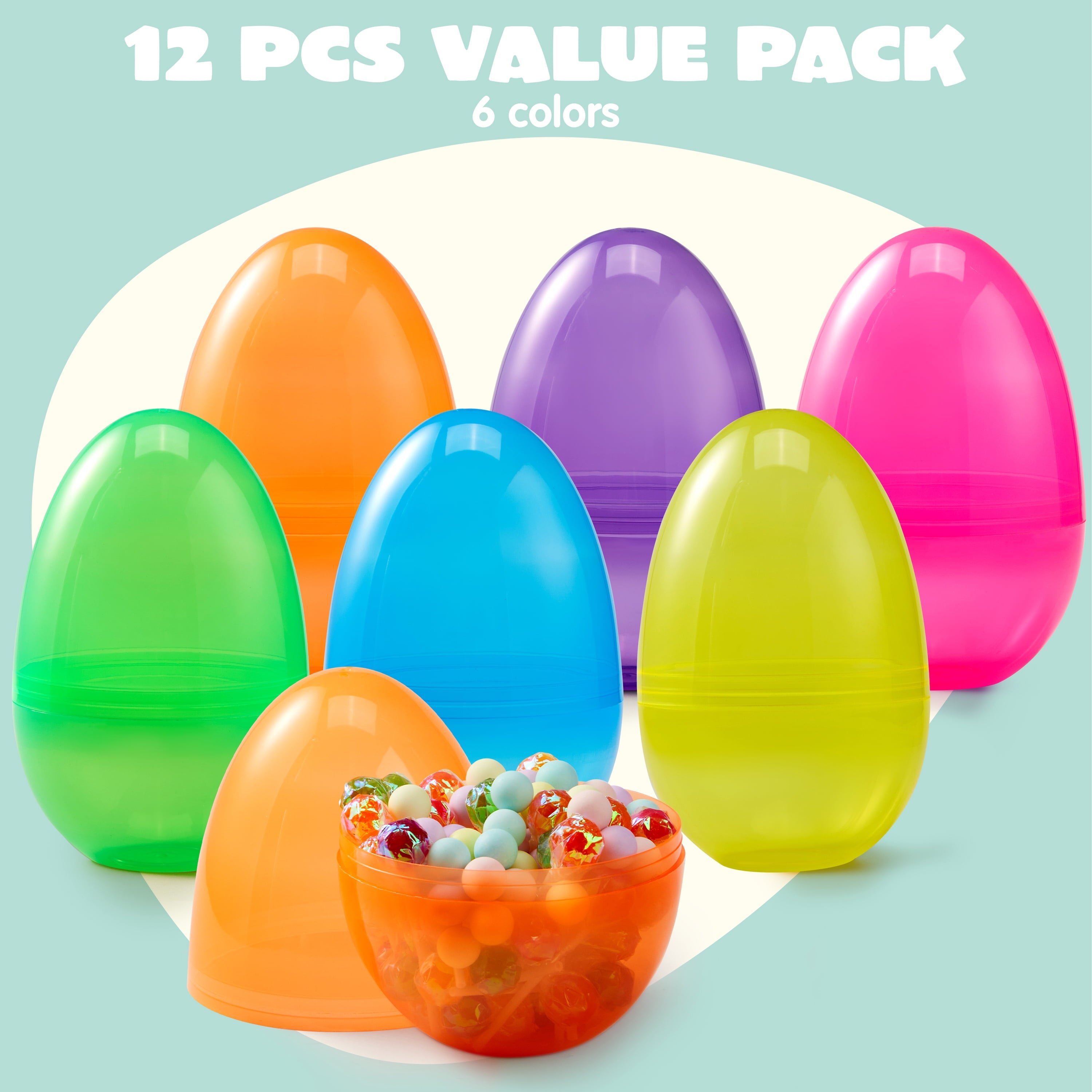 Joyfy 12 Pcs 7" Jumbo Easter Eggs, Assorted Colors Large Clear Plastic Easter Eggs, Empty Fillable Easter Eggs for Filling Treats, Easter Egg Hunt, Party Favor, Classroom Prize