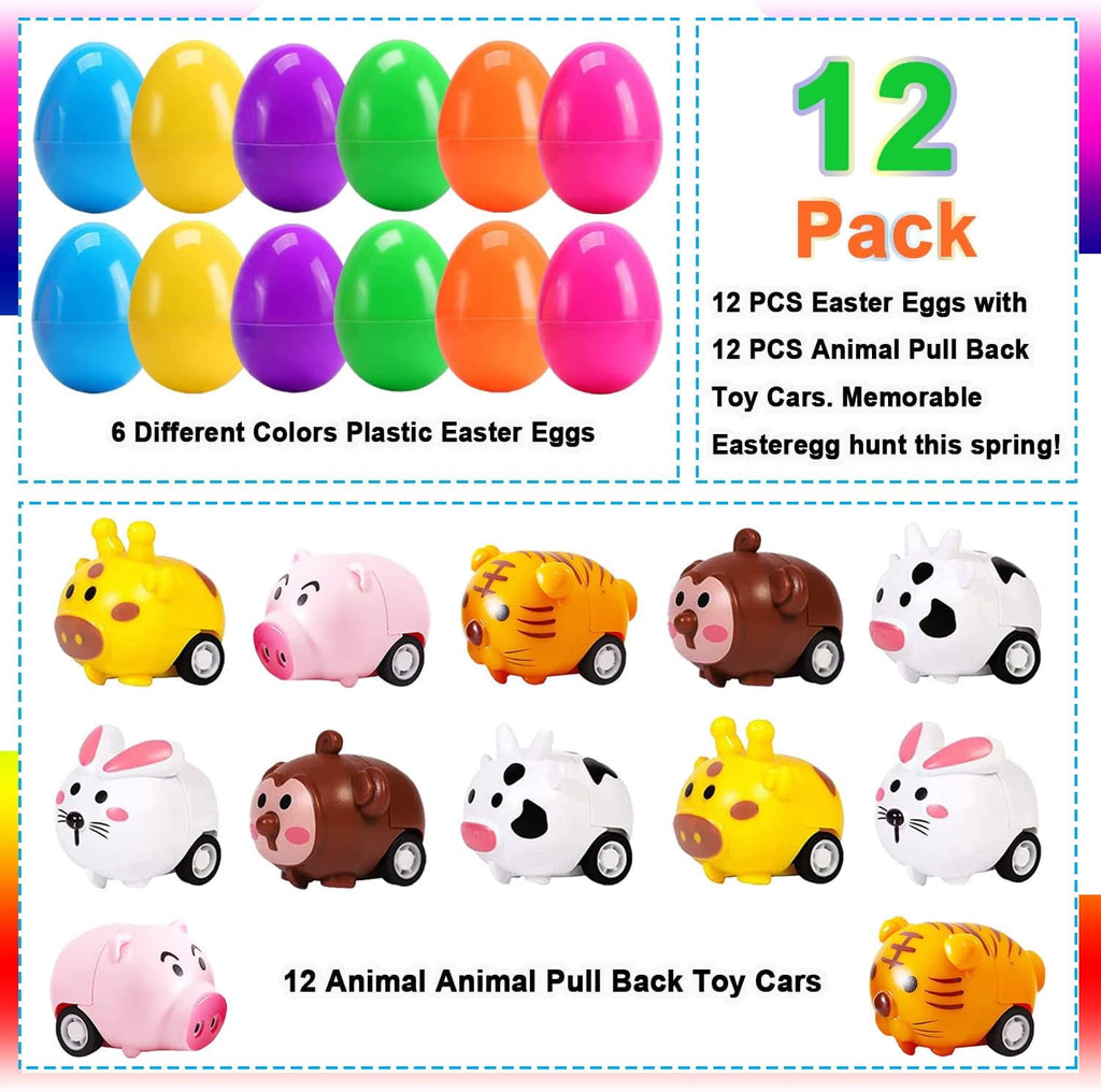 12 Pcs Easter Eggs with Animals Pull Back Cars, Easter Party Favors for Kids, Easter Egg Toys, Easter Basket Stuffers, Easter Theme Party
