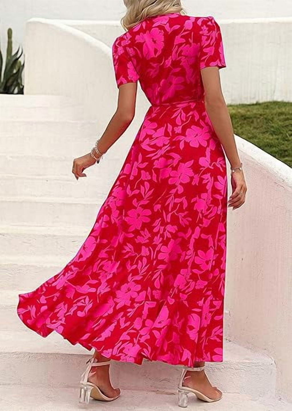 PRETTYGARDEN Women's Summer Wrap Maxi Dress Casual Boho Floral V Neck Short Sleeve Ruffle Hem Split Beach Long Dresses