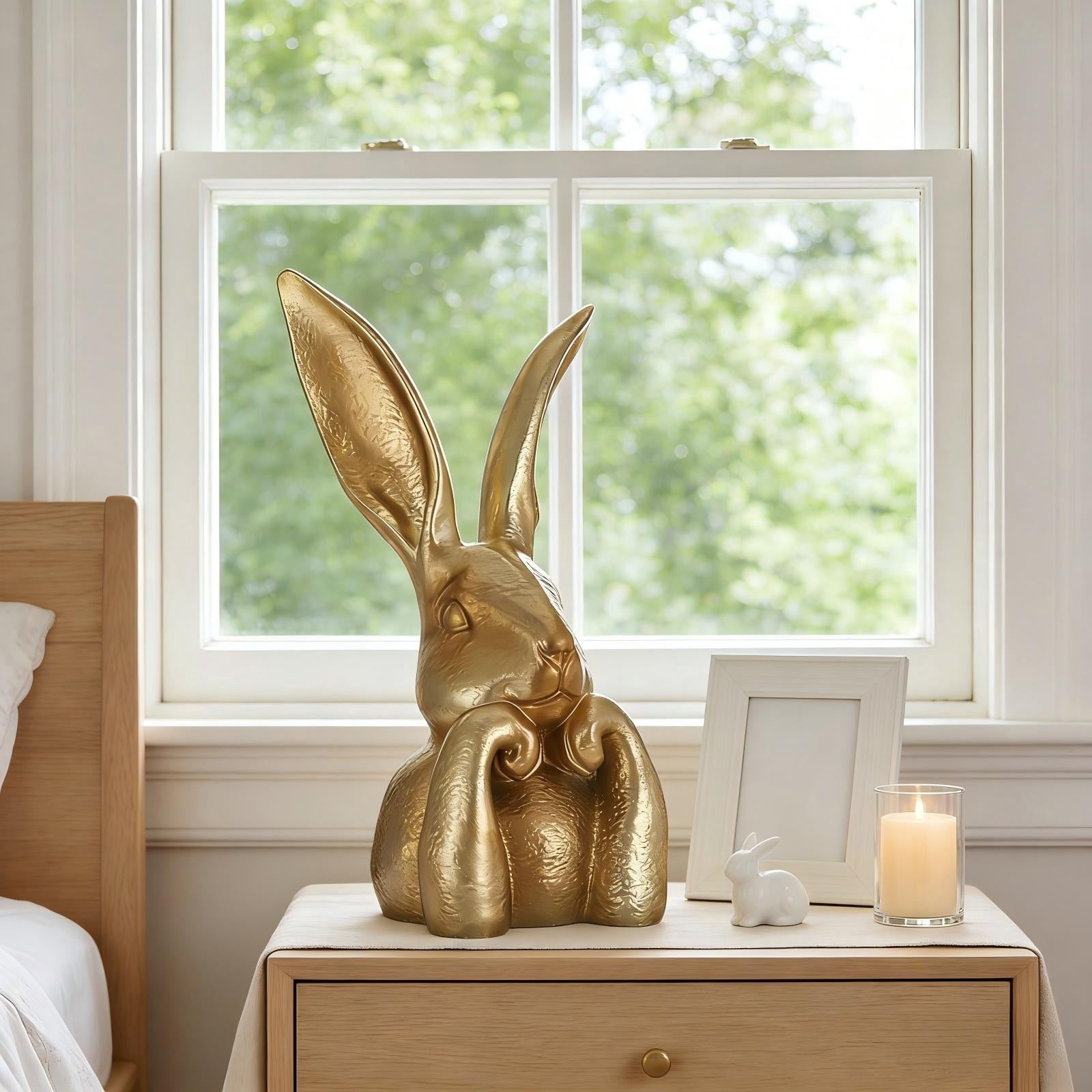 WKSCLPAI Easter Rabbits Decoration 8 Inch Vintage Gold Resin Bunny Statue Spring Rabbit Figurines Easter Table Centerpiece Decorative Bunny Sculpture Collectibles Gift for Home Indoor Decor