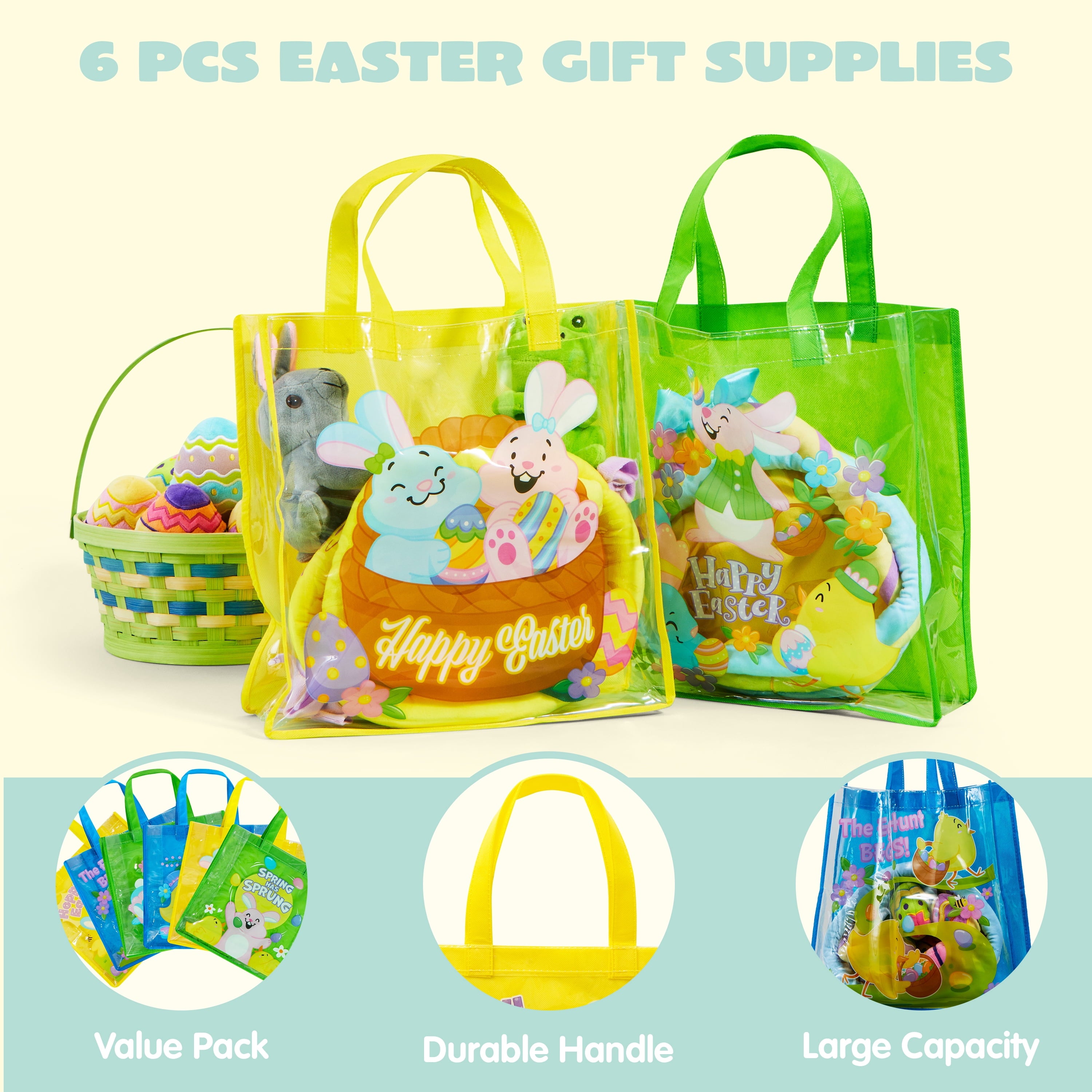 Joyfy 6 Pcs Easter Bags, Easter Gift Bags for Kids, 13" x 13" Large Reusable Goodie Tote Treat Bags with Handles for Easter Egg Hunt, Easter Party Favors Supplies