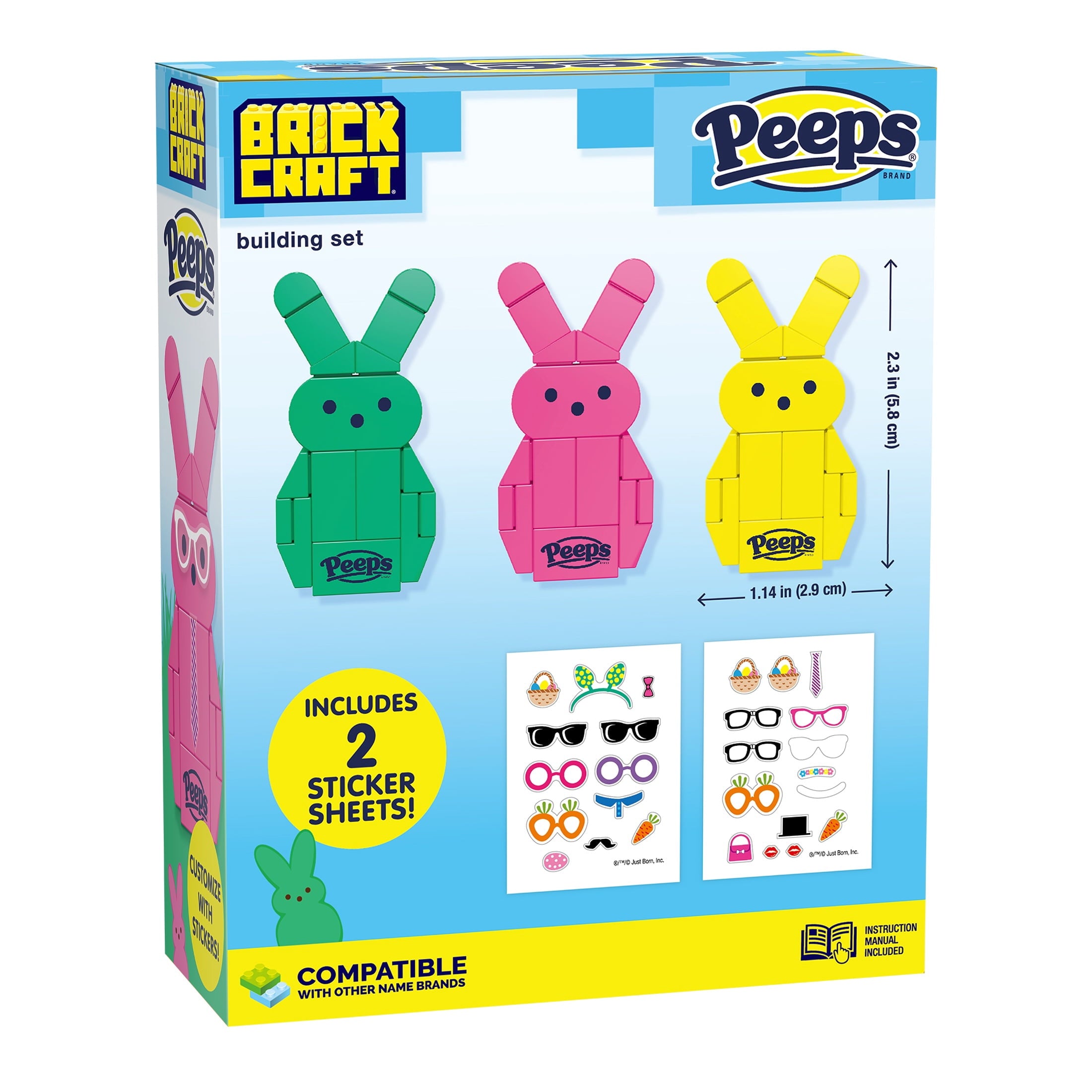 Brickcraft PEEPS Green, Pink and Yellow Bunny Building Kit (63-Piece Set), Easter Candy Brick Toy, 3 Buildable Bunnies, Customizable Stickers, Spring Gift, Easter Basket Stuffer, Collectible Display
