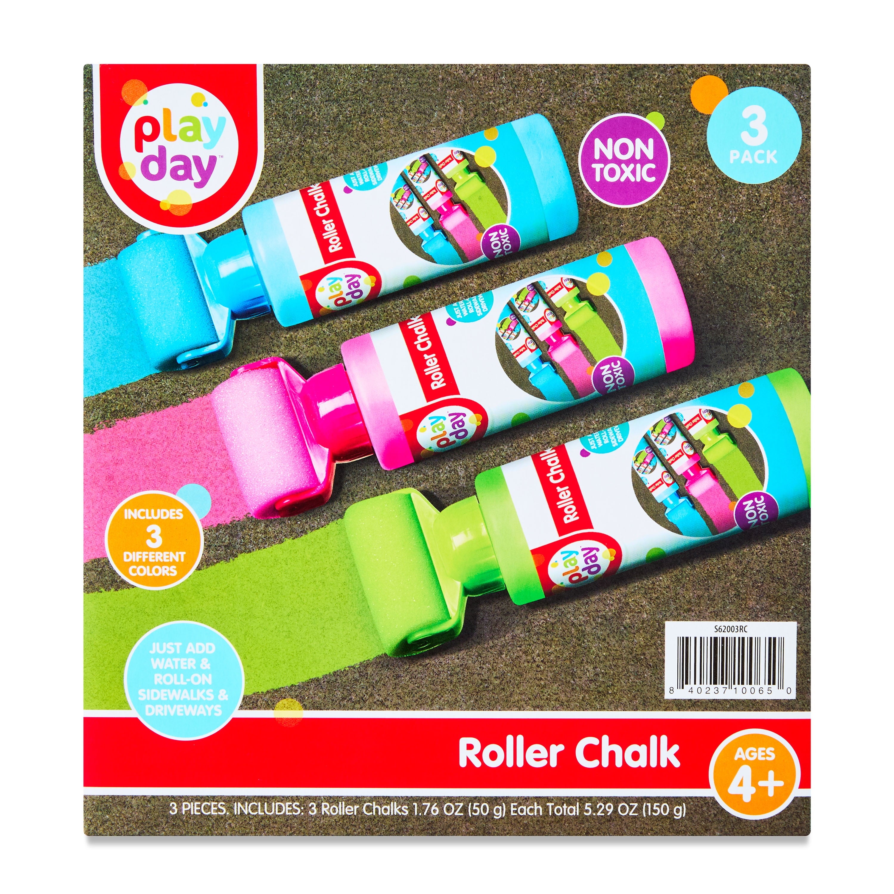 Play Day Roller Chalk Set, 3 Count, Green/Pink/Blue