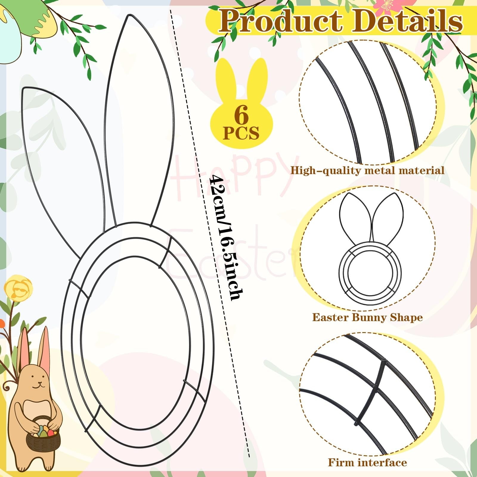 KUAZOU Bunny Wreath,Earmouse Supply Floral Garden Easter Bunny Head Shaped Wire Wreath Form - 16.5 Inches