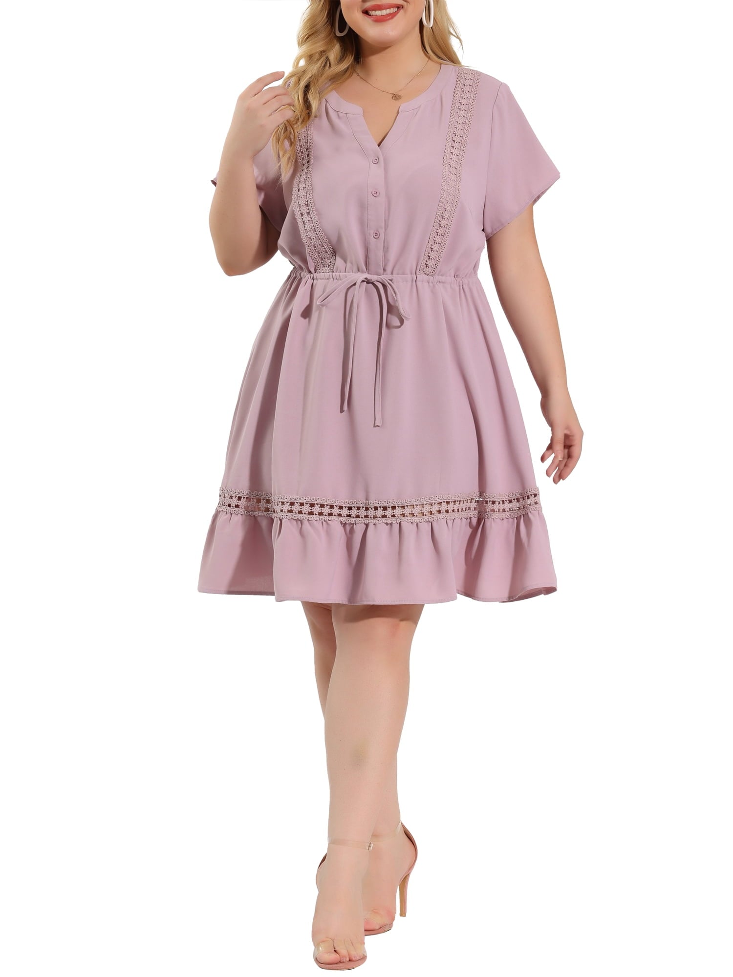 GRACE & GRANDEUR Women's Plus Size St. Patrick's Day Dress V Neck Short Sleeves Tie Waist Summer Shirt Dresses 1X Gray Purple
