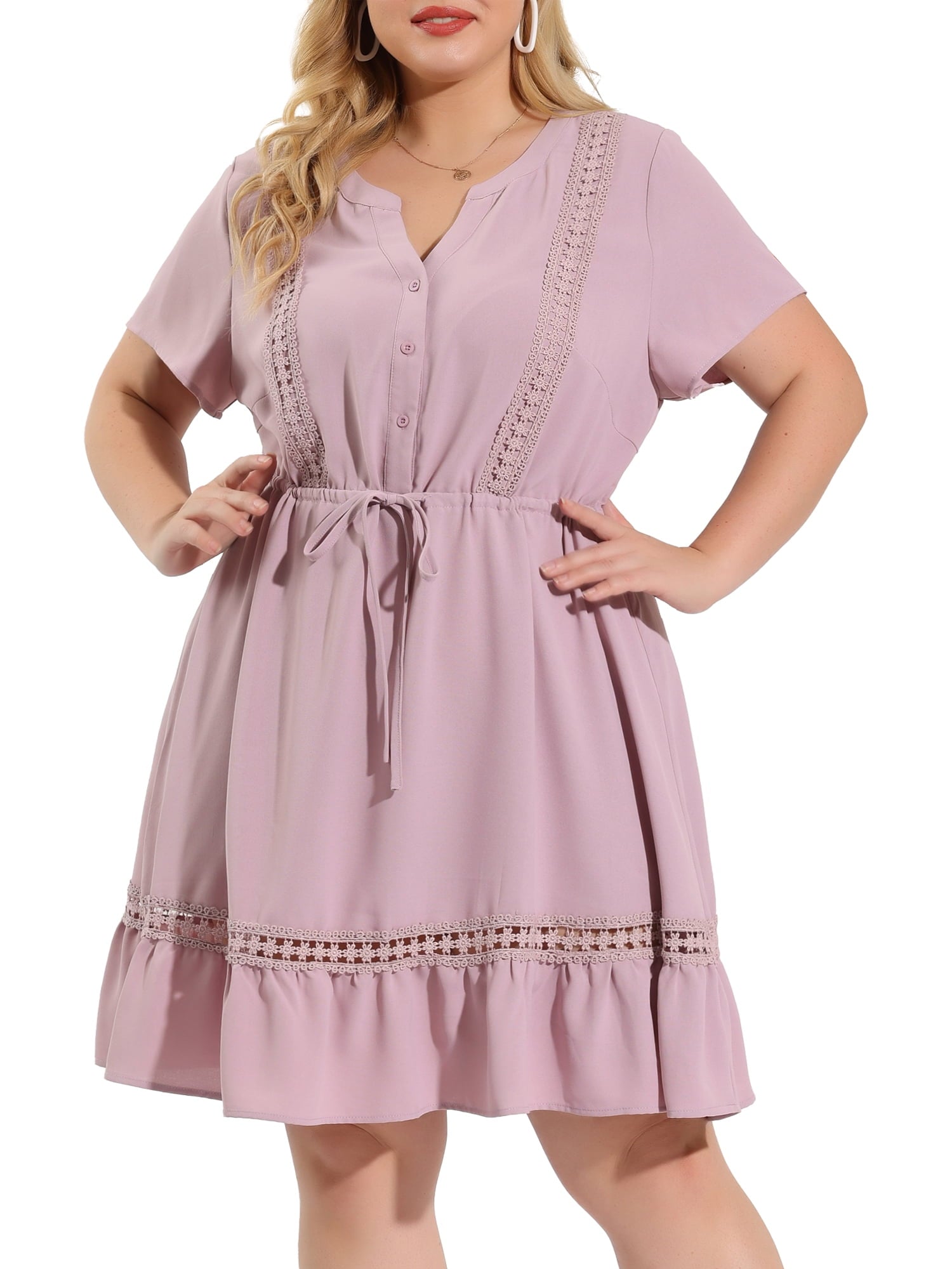 GRACE & GRANDEUR Women's Plus Size St. Patrick's Day Dress V Neck Short Sleeves Tie Waist Summer Shirt Dresses 1X Gray Purple