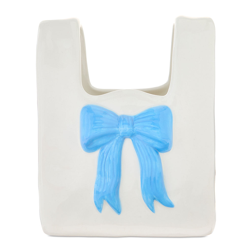 Ceramic Bag Vase with Bow, Cream and Blue, 6.5", Valentine's Day by Way To Celebrate