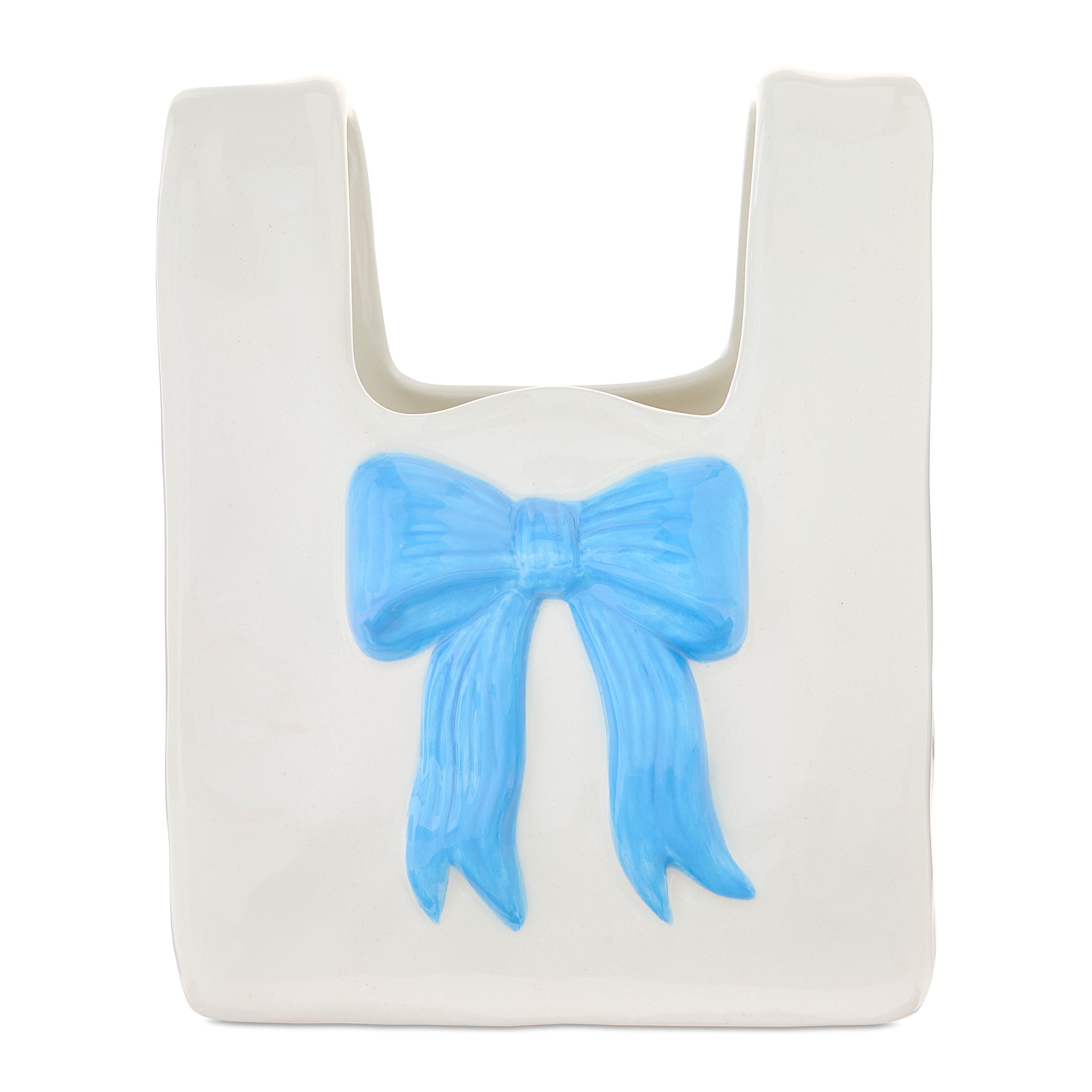 Ceramic Bag Vase with Bow, Cream and Blue, 6.5", Valentine's Day by Way To Celebrate