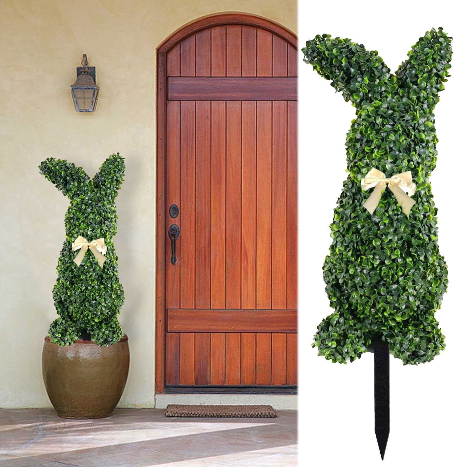 Spring Clearance! Easter Outdoor Decor 28" Boxwood Bunny Topiary, Easter Artificial Tree UV-Resistant Easter Home Decor for Porch, Outdoor Indoor Spring Rabbit, Easter Gift for Women Men(without Pot)