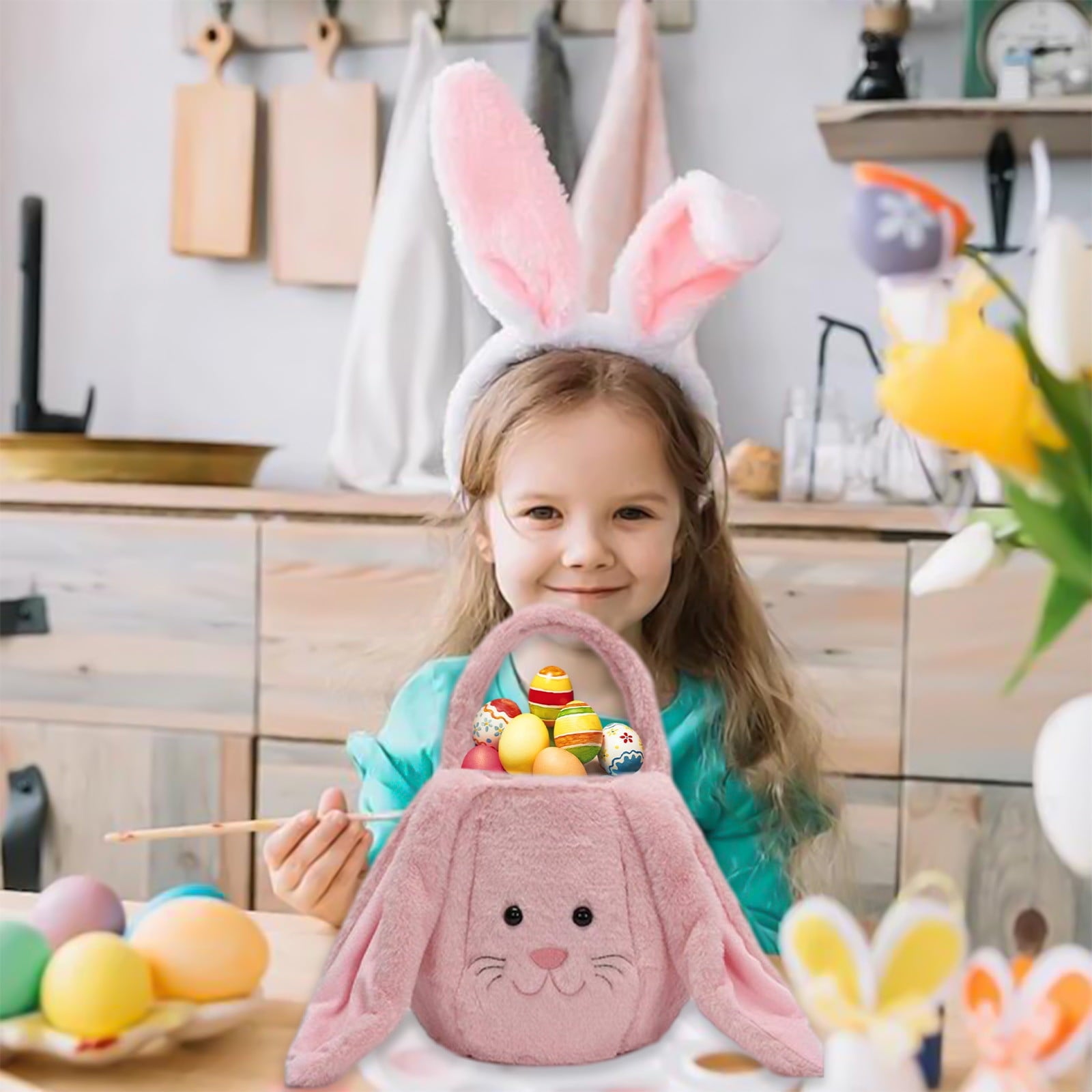 Easter Basket for Kids - Plush Bunny Basket with Handle, Easter Bucket for Egg Hunt, Easter Decorations & Gifts for Boys and Girls (Blue) by PALIFEUR
