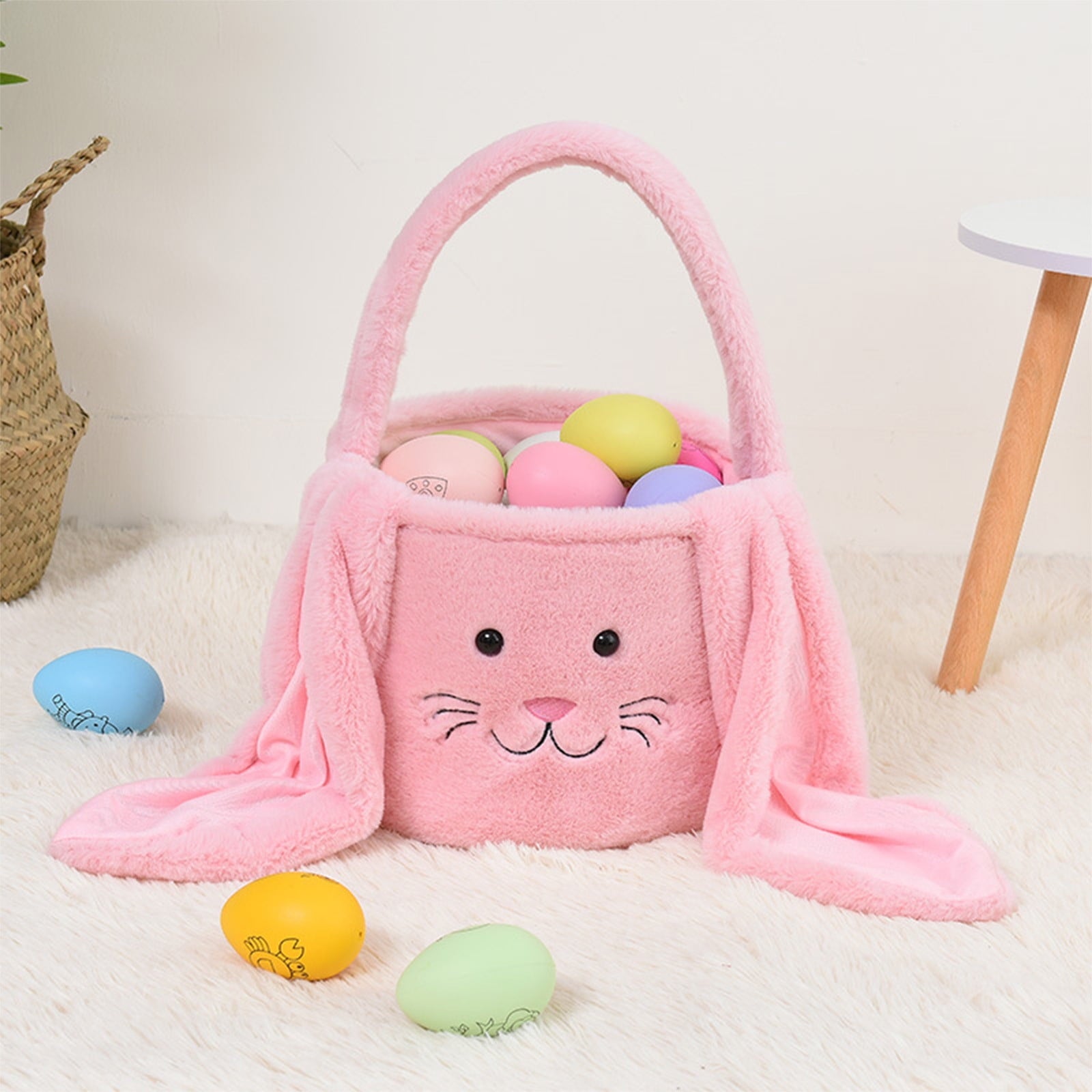 Easter Basket for Kids - Plush Bunny Basket with Handle, Easter Bucket for Egg Hunt, Easter Decorations & Gifts for Boys and Girls (Blue) by PALIFEUR