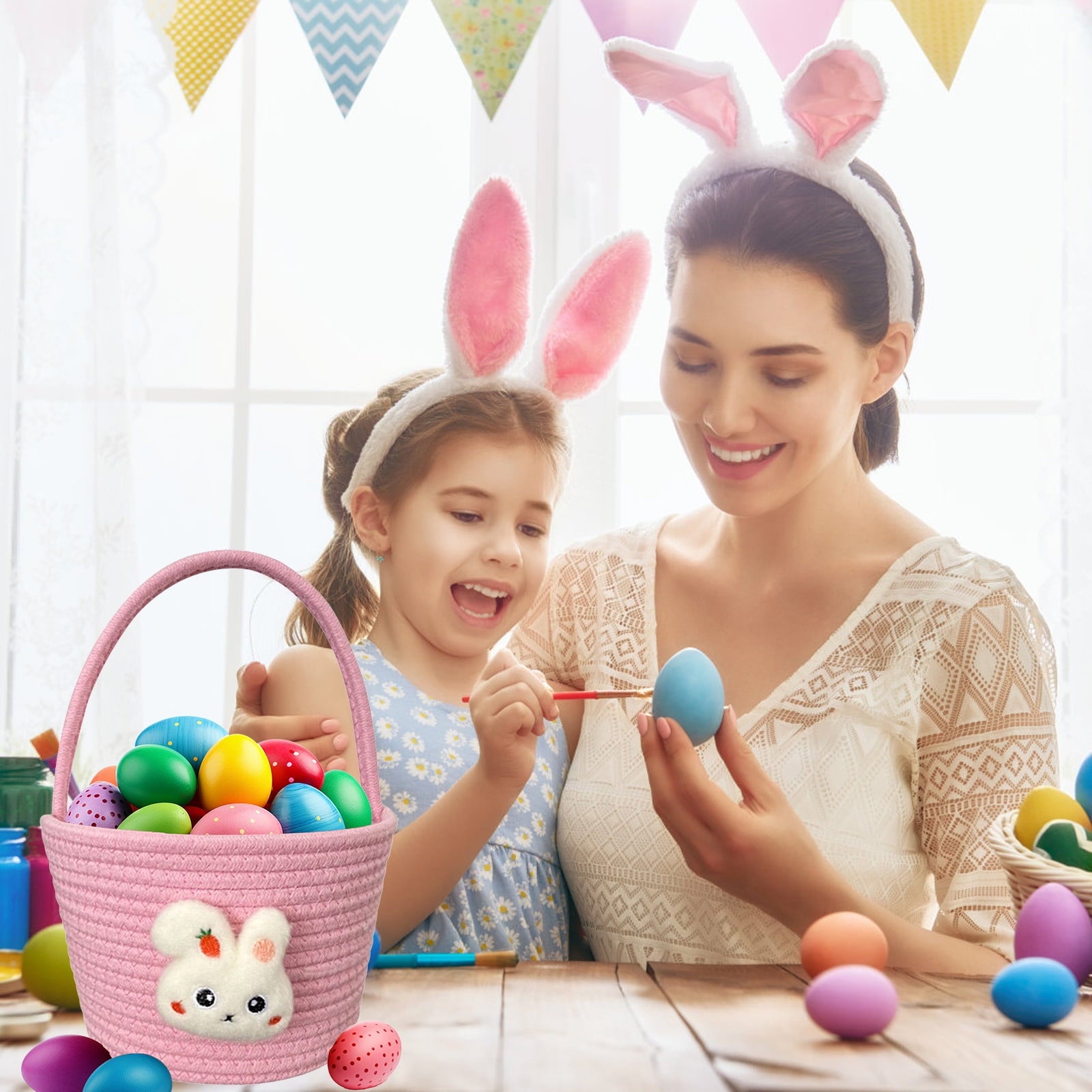 Easter Basket for Kids - Plush Bunny Basket with Handle, Easter Bucket for Egg Hunt, Easter Decorations & Gifts for Boys and Girls (Blue) by PALIFEUR
