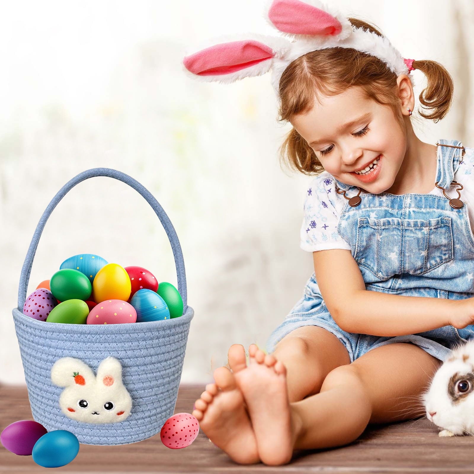 Easter Basket for Kids - Plush Bunny Basket with Handle, Easter Bucket for Egg Hunt, Easter Decorations & Gifts for Boys and Girls (Blue) by PALIFEUR
