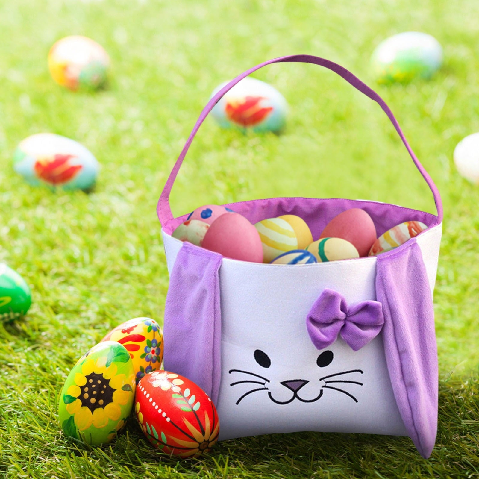 Easter Basket for Kids - Plush Bunny Basket with Handle, Easter Bucket for Egg Hunt, Easter Decorations & Gifts for Boys and Girls (Blue) by PALIFEUR