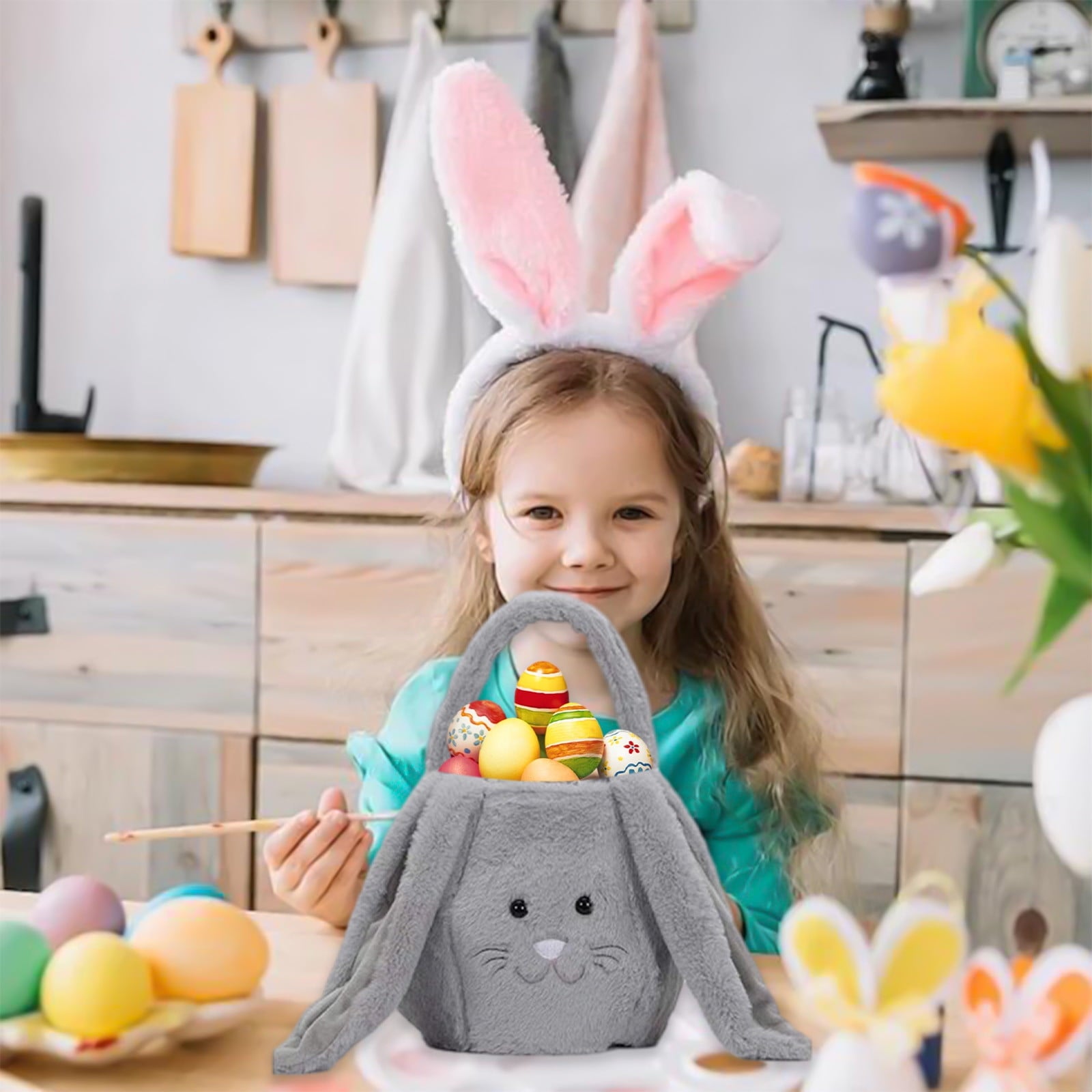 Easter Basket for Kids - Plush Bunny Basket with Handle, Easter Bucket for Egg Hunt, Easter Decorations & Gifts for Boys and Girls (Blue) by PALIFEUR
