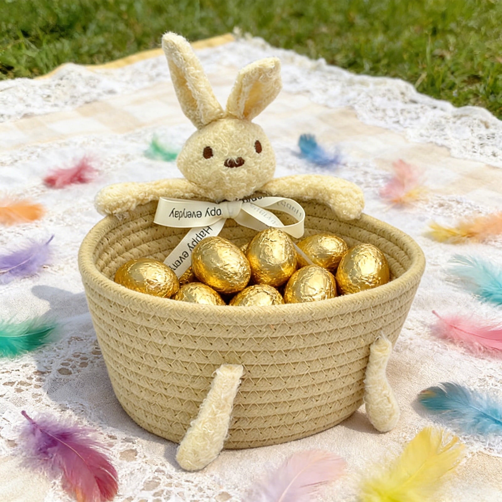 Easter Basket for Kids - Plush Bunny Basket with Handle, Easter Bucket for Egg Hunt, Easter Decorations & Gifts for Boys and Girls (Blue) by PALIFEUR