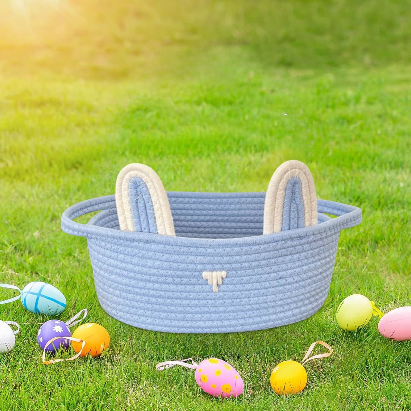 Easter Basket for Kids - Plush Bunny Basket with Handle, Easter Bucket for Egg Hunt, Easter Decorations & Gifts for Boys and Girls (Blue) by PALIFEUR