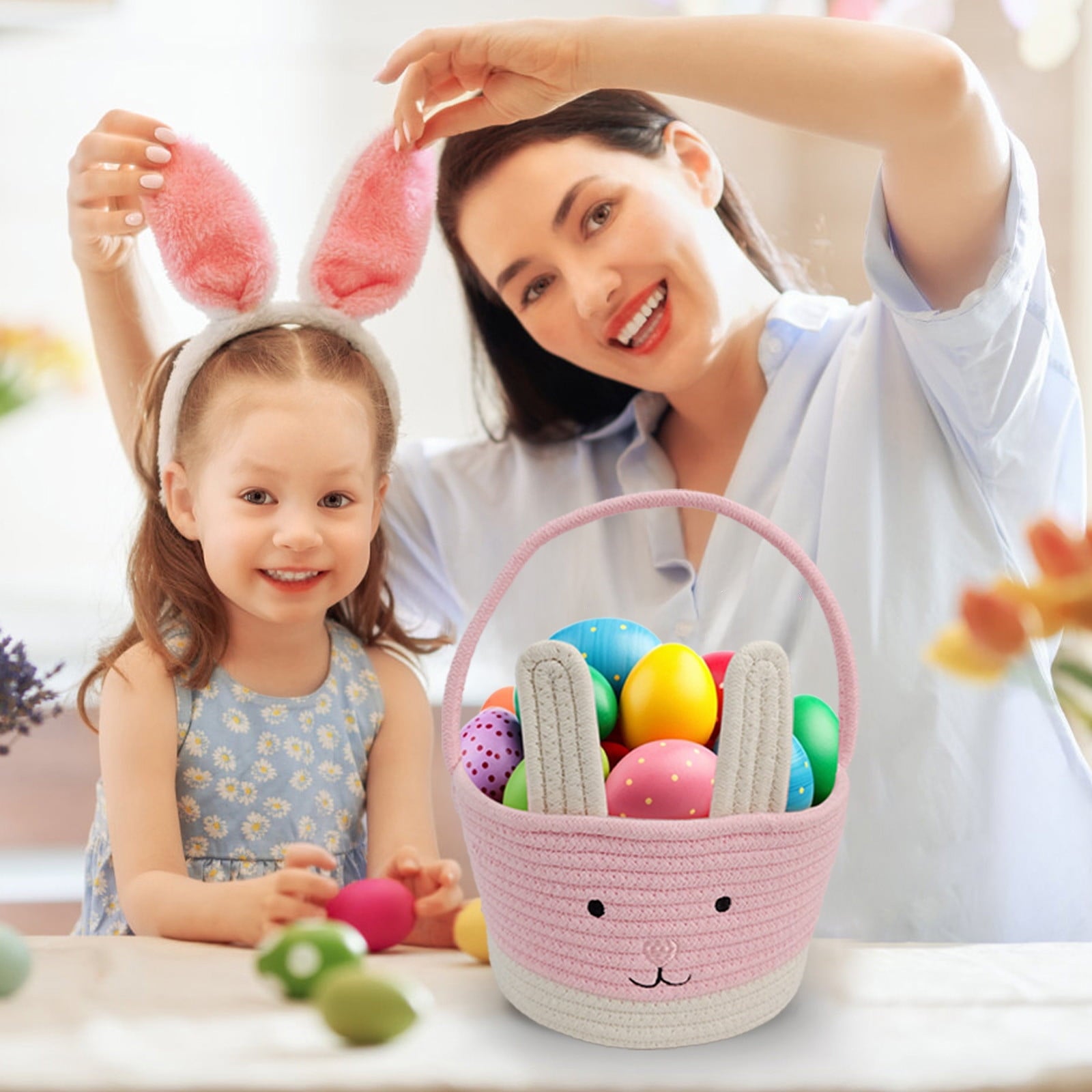 Easter Basket for Kids - Plush Bunny Basket with Handle, Easter Bucket for Egg Hunt, Easter Decorations & Gifts for Boys and Girls (Blue) by PALIFEUR