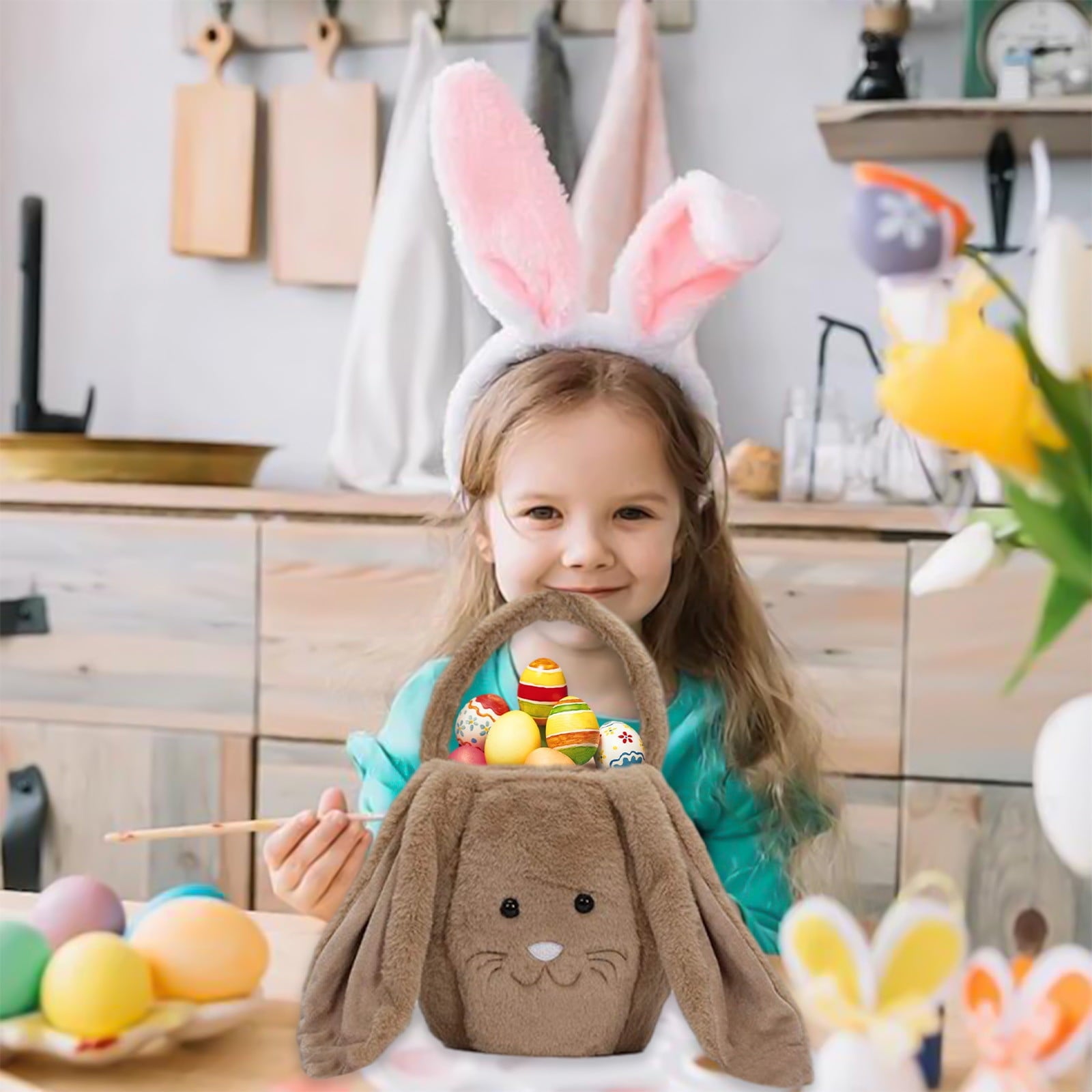 Easter Basket for Kids - Plush Bunny Basket with Handle, Easter Bucket for Egg Hunt, Easter Decorations & Gifts for Boys and Girls (Blue) by PALIFEUR