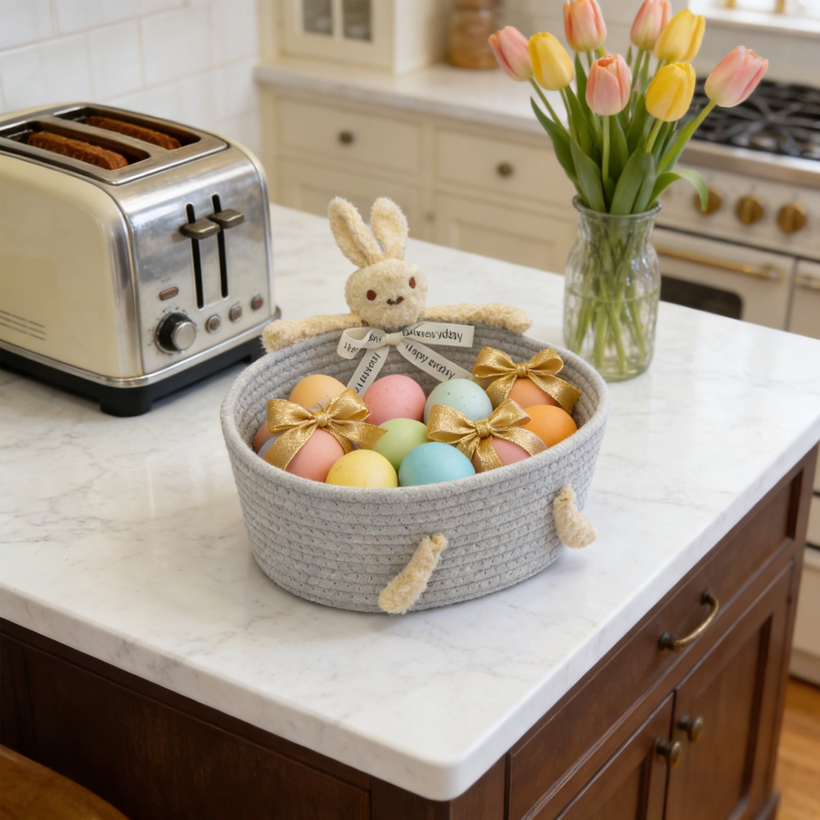 Easter Basket for Kids - Plush Bunny Basket with Handle, Easter Bucket for Egg Hunt, Easter Decorations & Gifts for Boys and Girls (Blue) by PALIFEUR